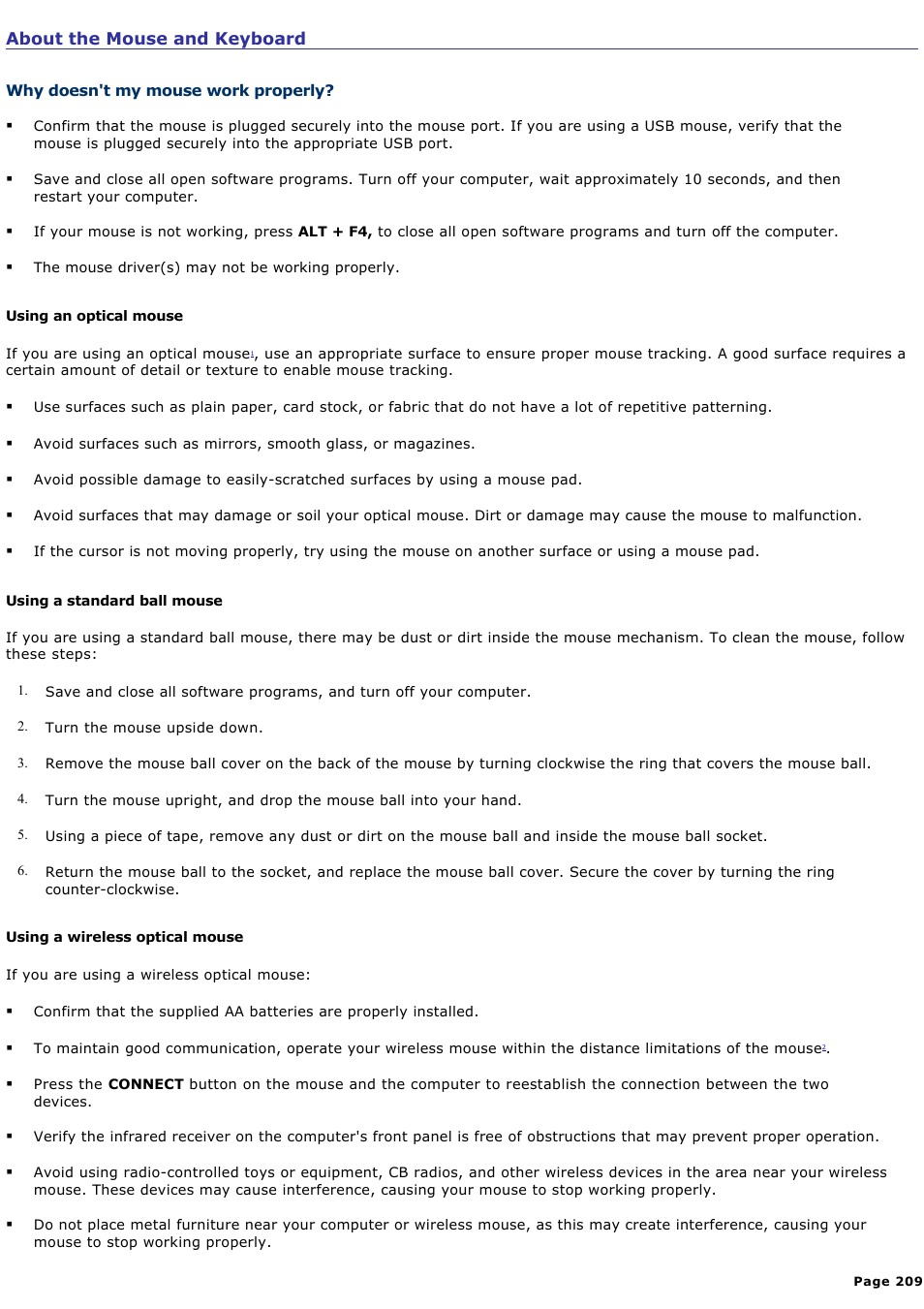 About the mouse and keyboard | Sony VAIO VGCRB40 User Manual | Page 209 / 243