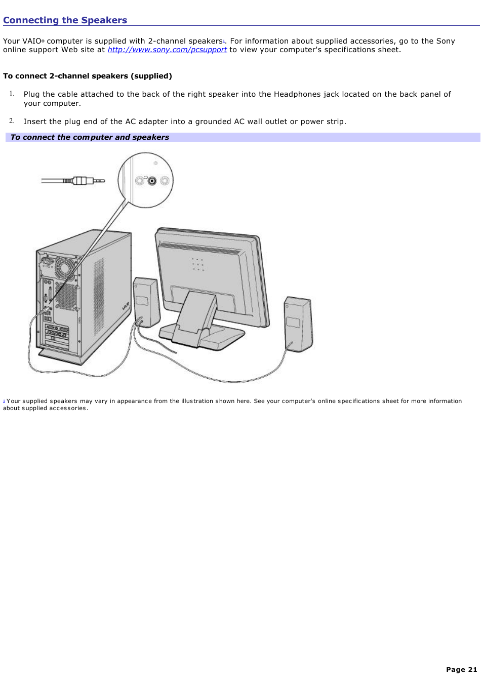 Connecting the speakers | Sony VAIO VGCRB40 User Manual | Page 21 / 243