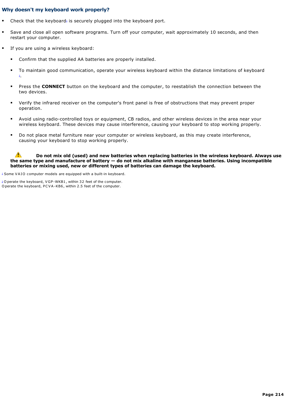 Why doesn't my keyboard work properly | Sony VAIO VGCRB40 User Manual | Page 214 / 243