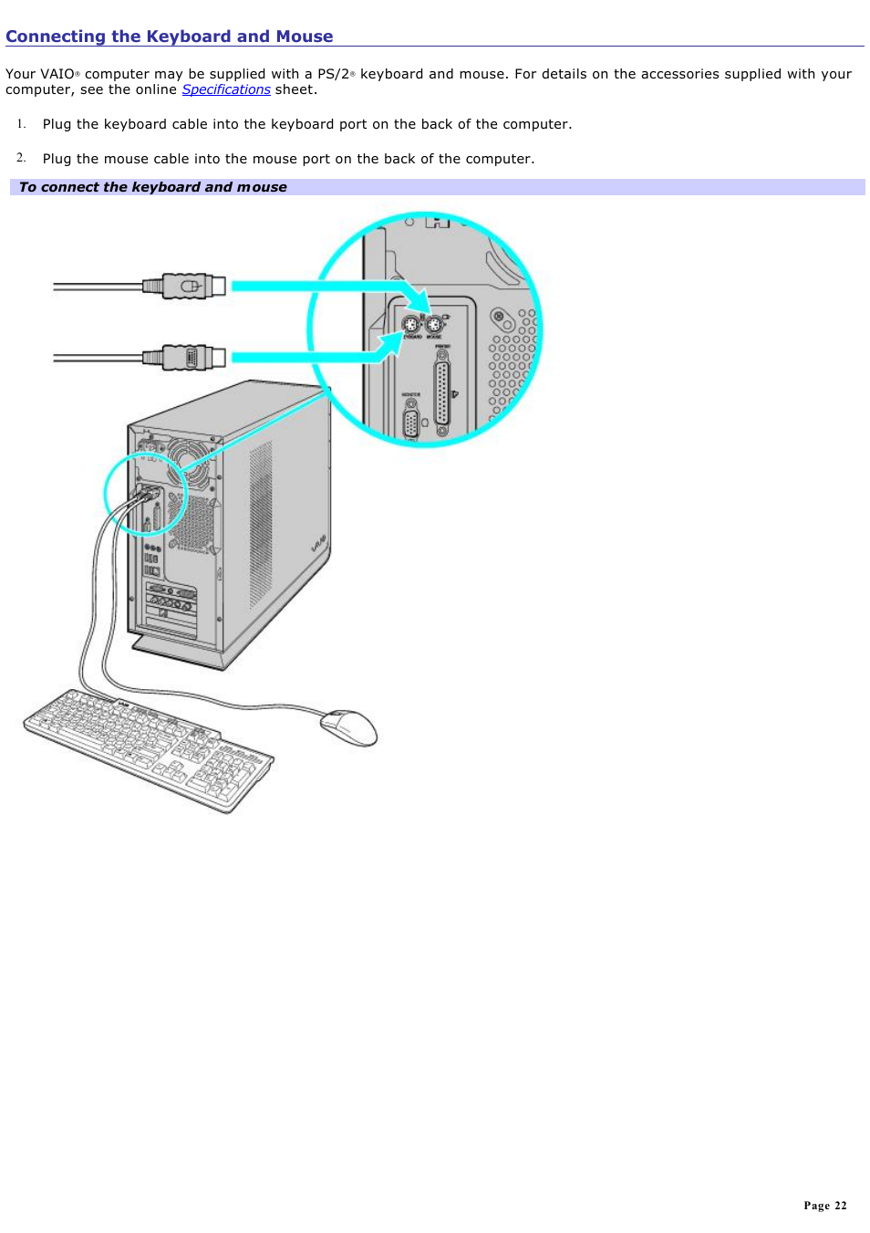 Connecting the keyboard and mouse | Sony VAIO VGCRB40 User Manual | Page 22 / 243