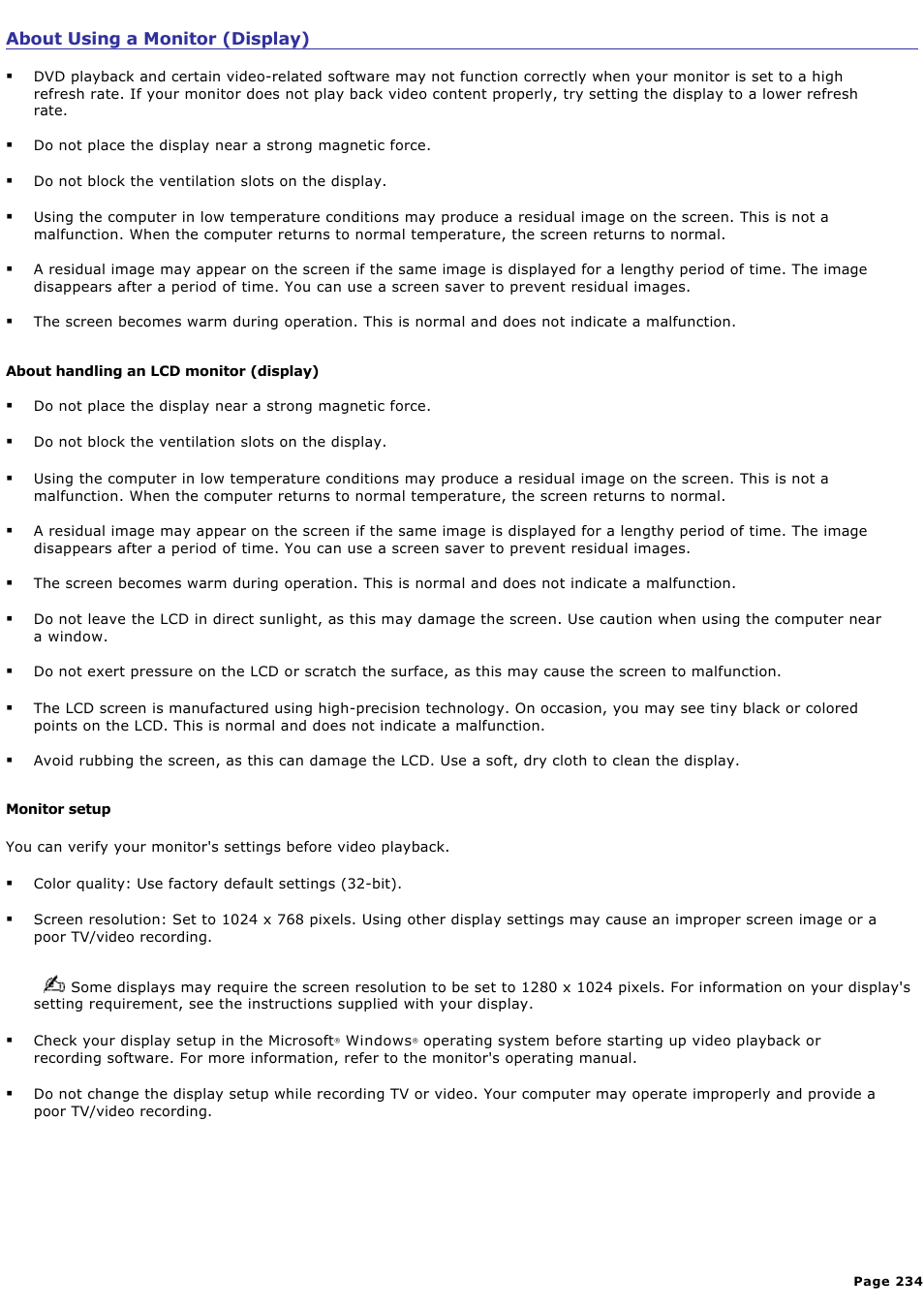 About using a monitor (display) | Sony VAIO VGCRB40 User Manual | Page 234 / 243