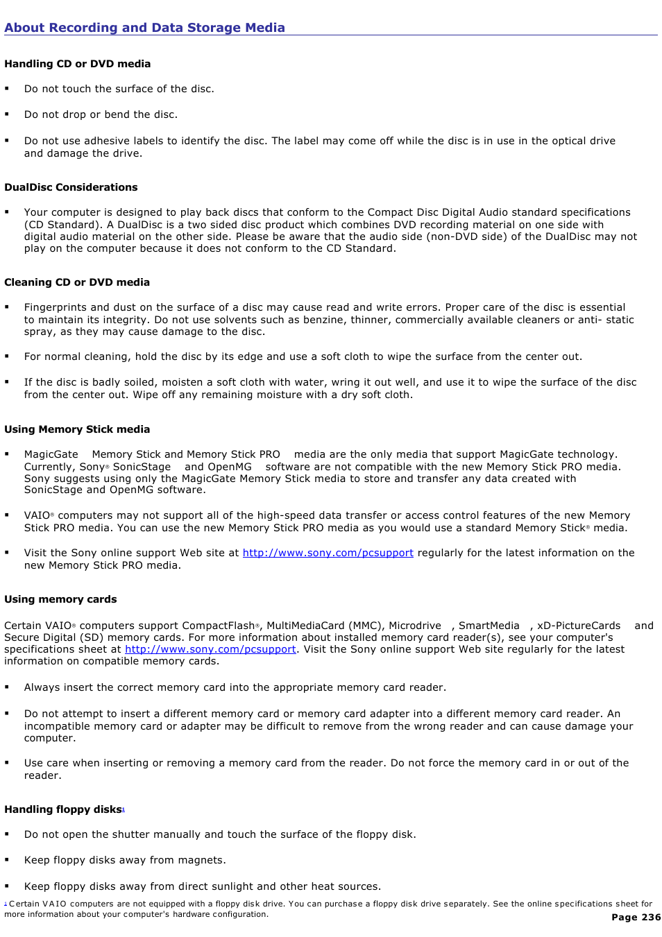 About recording and data storage media | Sony VAIO VGCRB40 User Manual | Page 236 / 243