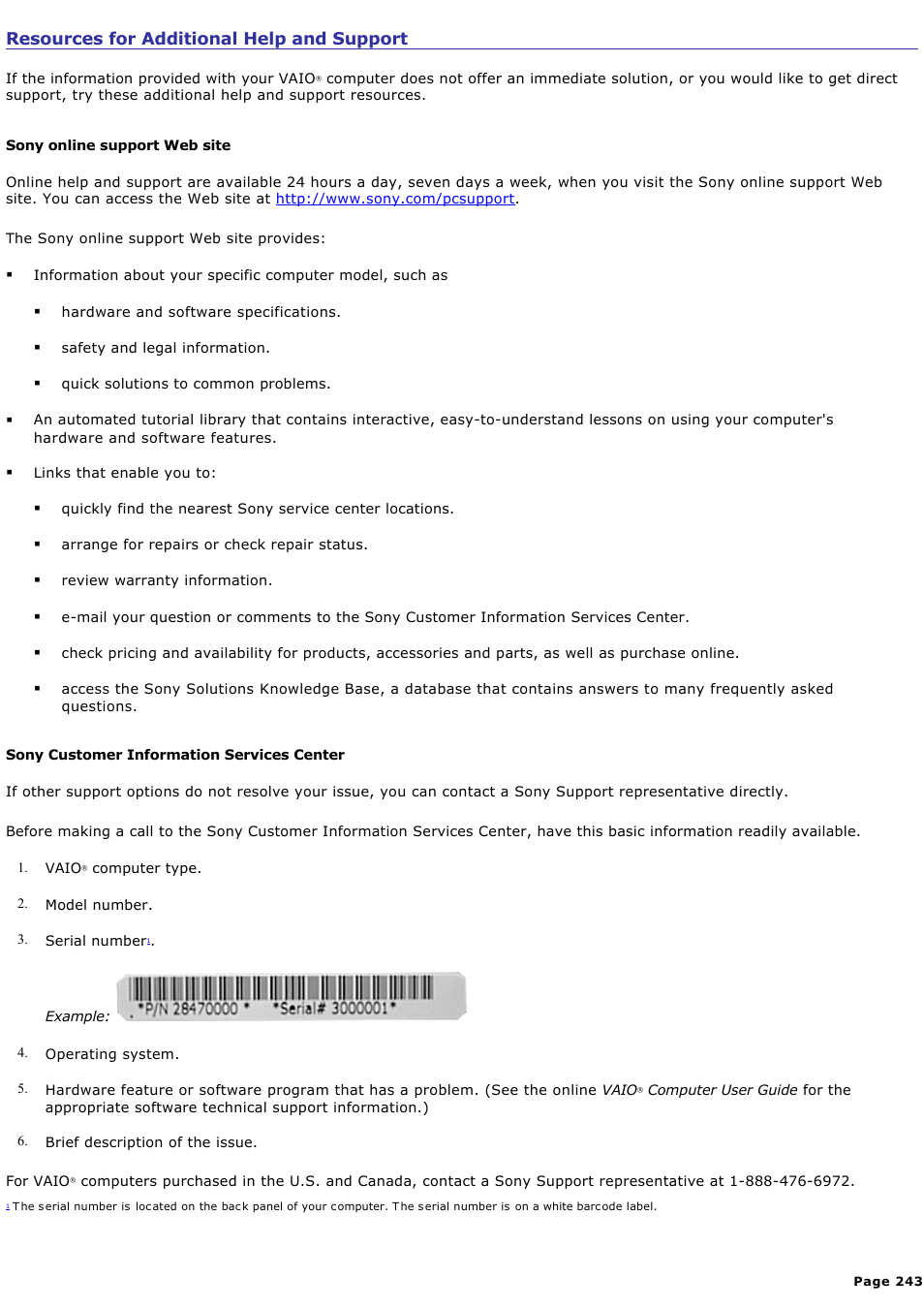 Resources for additional help and support | Sony VAIO VGCRB40 User Manual | Page 243 / 243