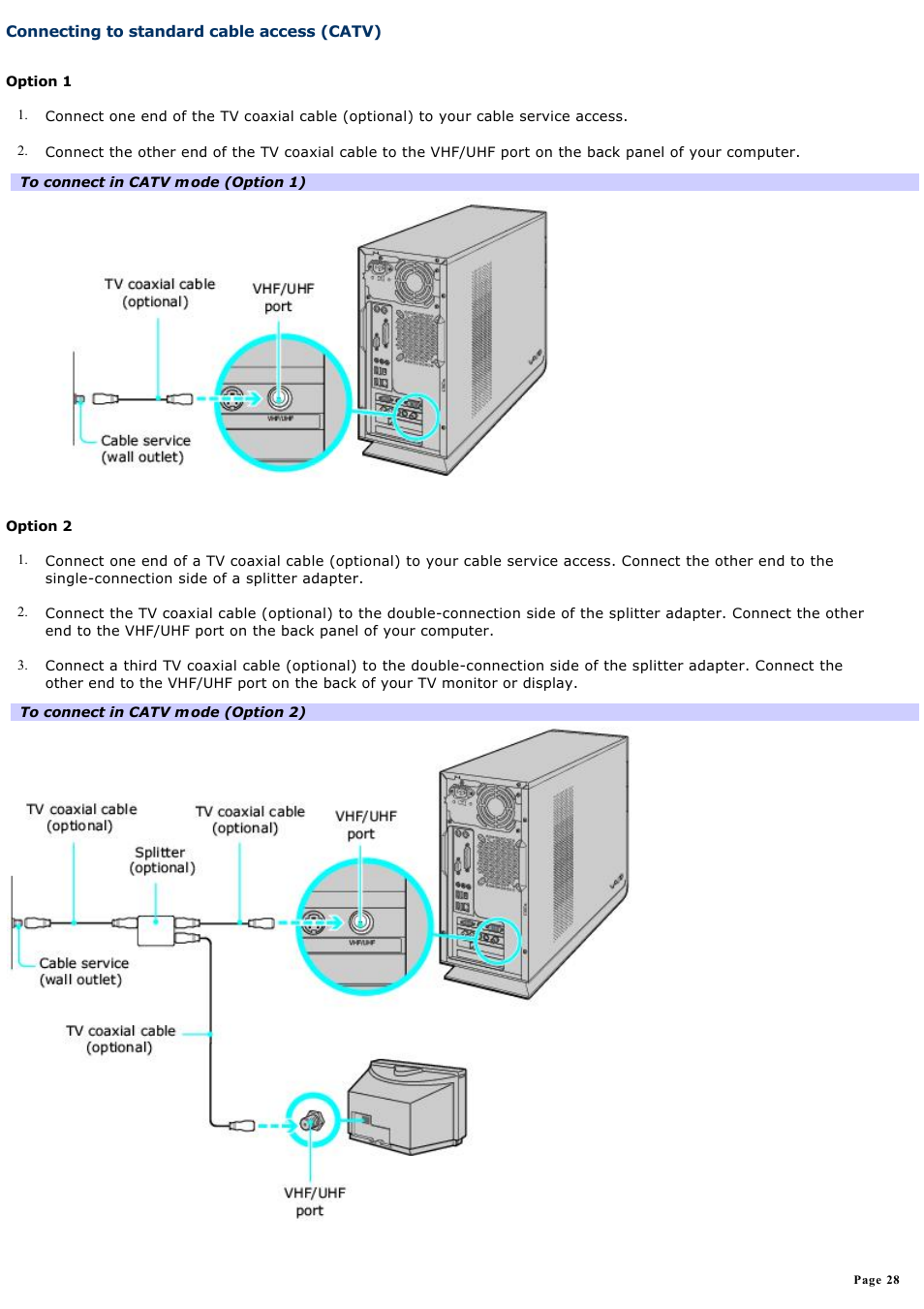 Connecting to standard cable access (catv) | Sony VAIO VGCRB40 User Manual | Page 28 / 243