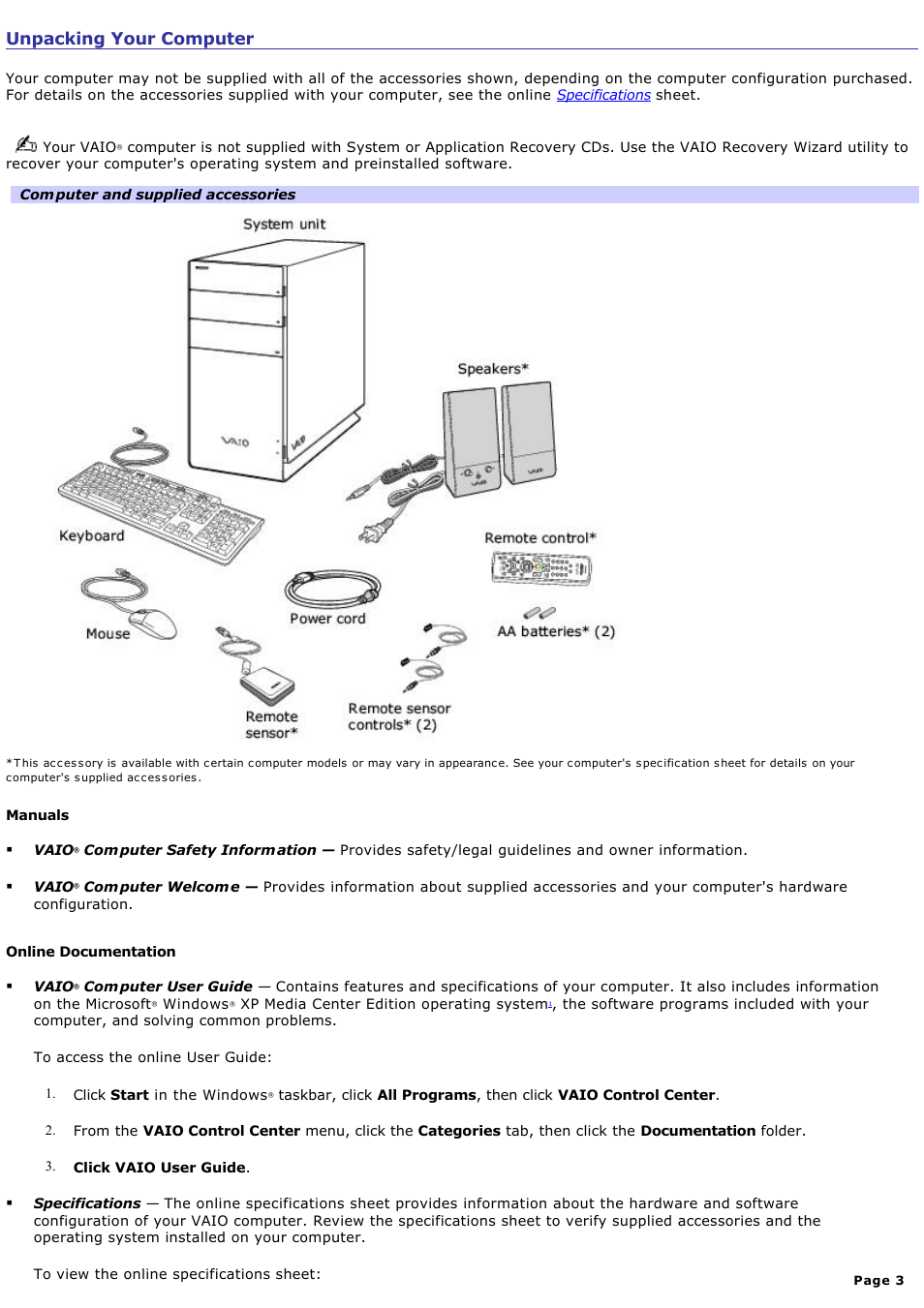 Unpacking your computer | Sony VAIO VGCRB40 User Manual | Page 3 / 243