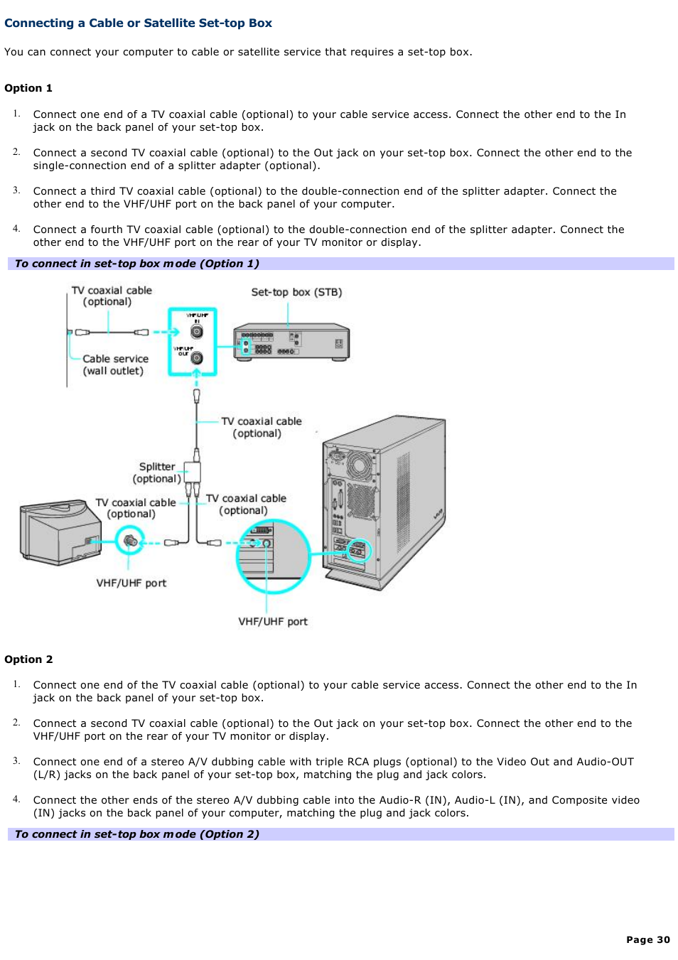 Connecting a cable or satellite set-top box | Sony VAIO VGCRB40 User Manual | Page 30 / 243