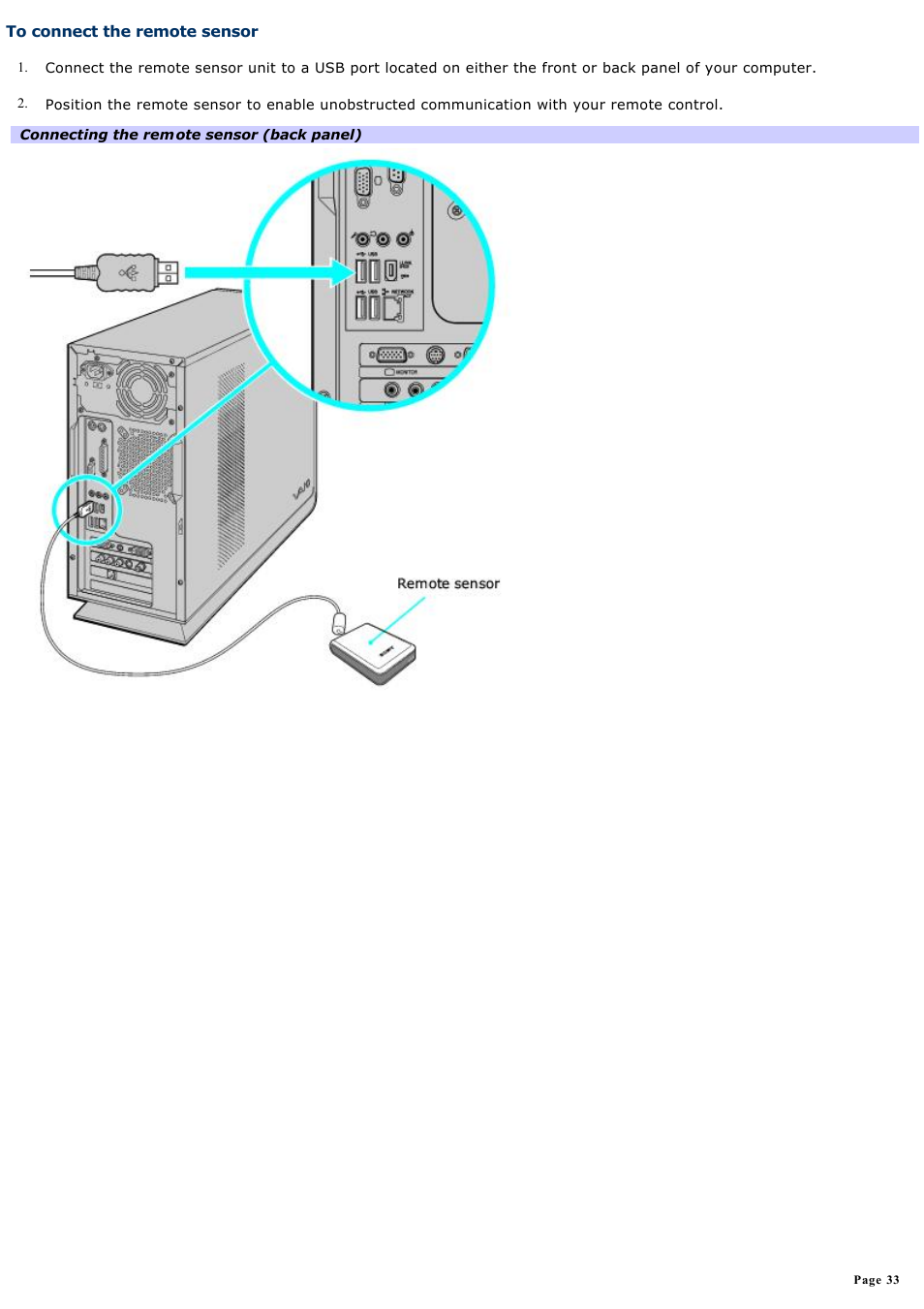 To connect the remote sensor | Sony VAIO VGCRB40 User Manual | Page 33 / 243