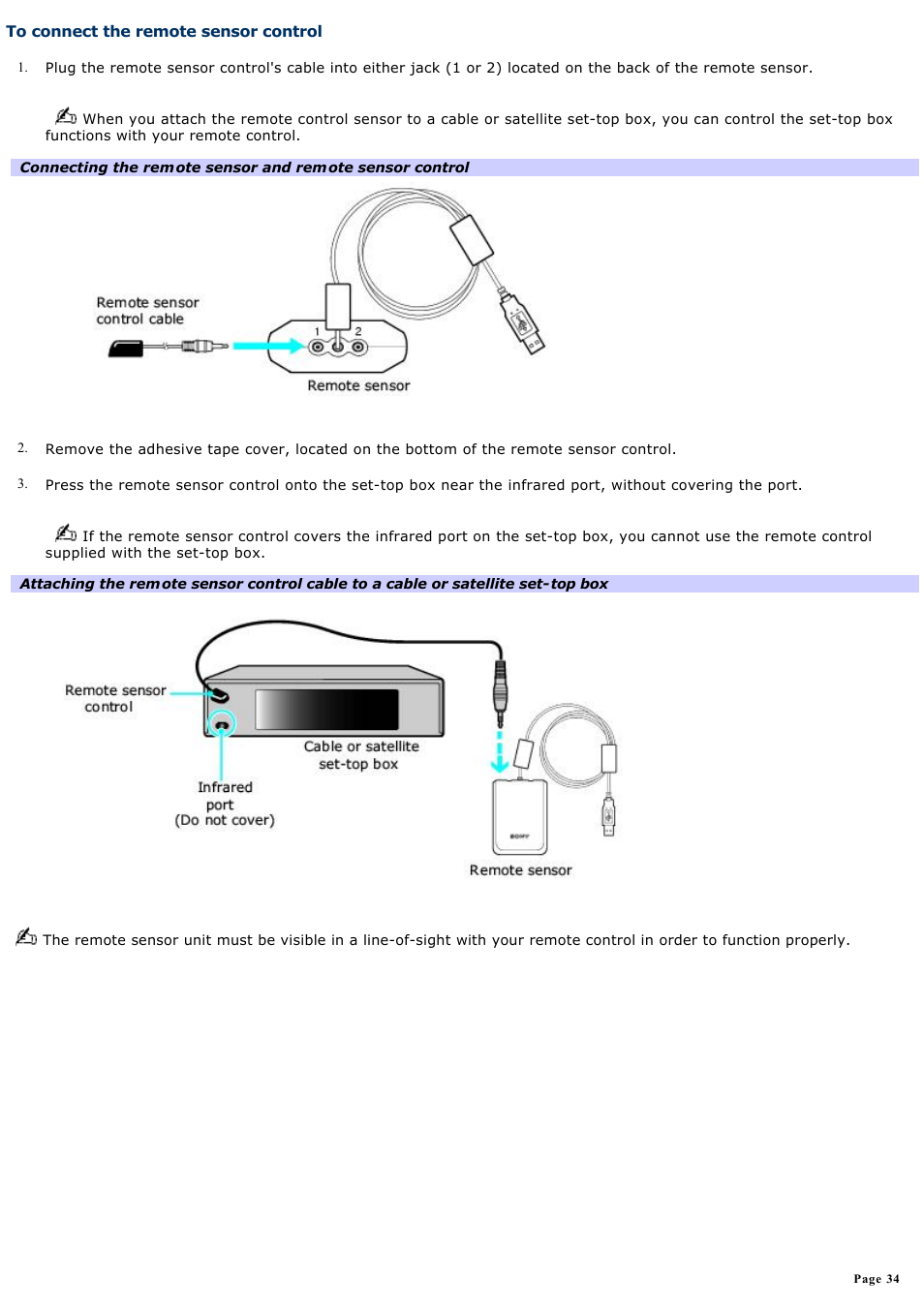 To connect the remote sensor control | Sony VAIO VGCRB40 User Manual | Page 34 / 243