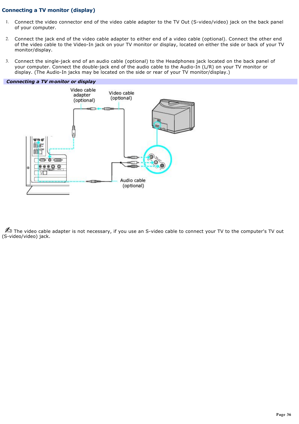 Connecting a tv monitor (display) | Sony VAIO VGCRB40 User Manual | Page 36 / 243