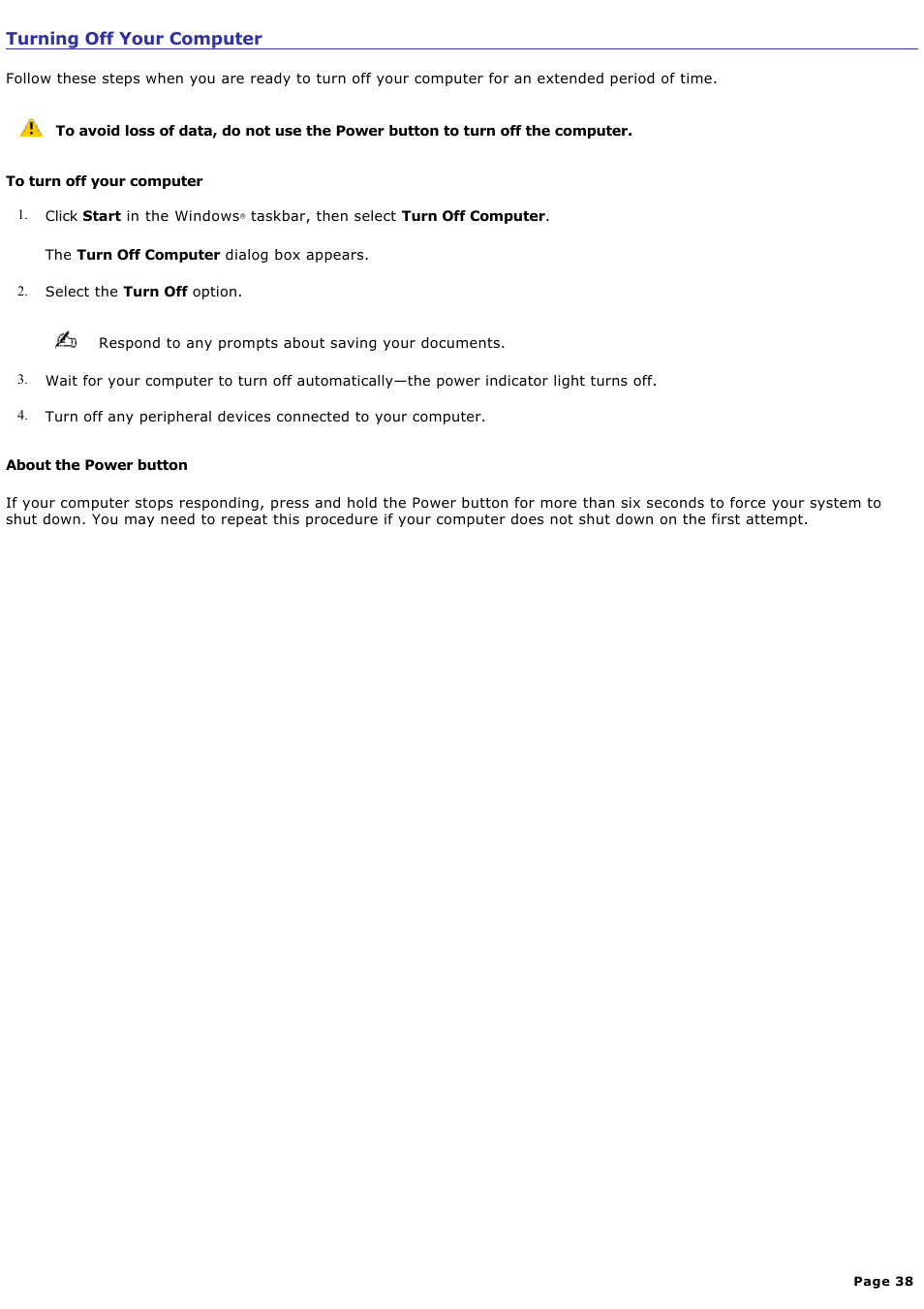 Turning off your computer | Sony VAIO VGCRB40 User Manual | Page 38 / 243