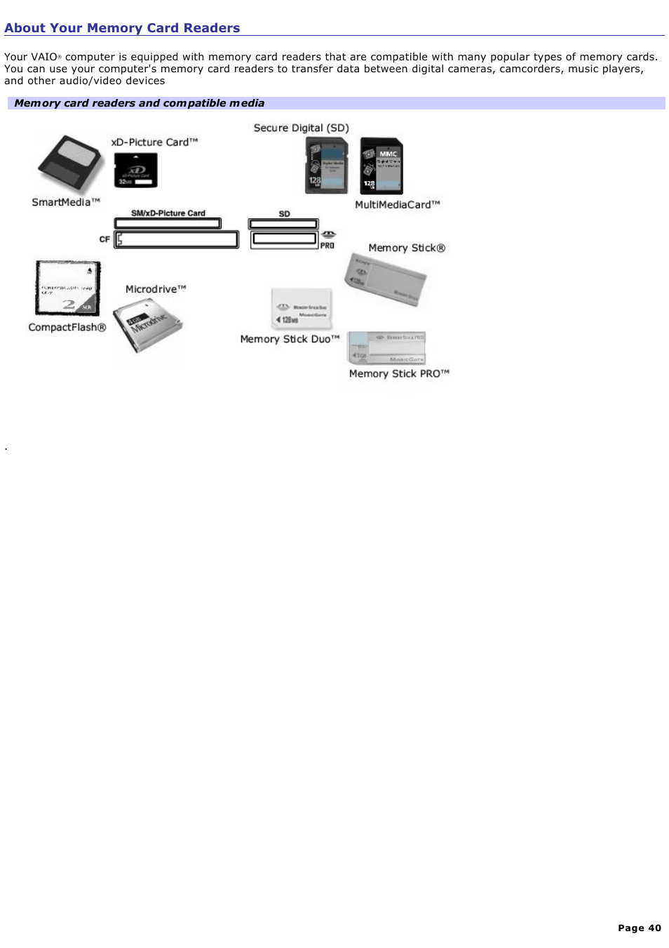 About your memory card readers | Sony VAIO VGCRB40 User Manual | Page 40 / 243