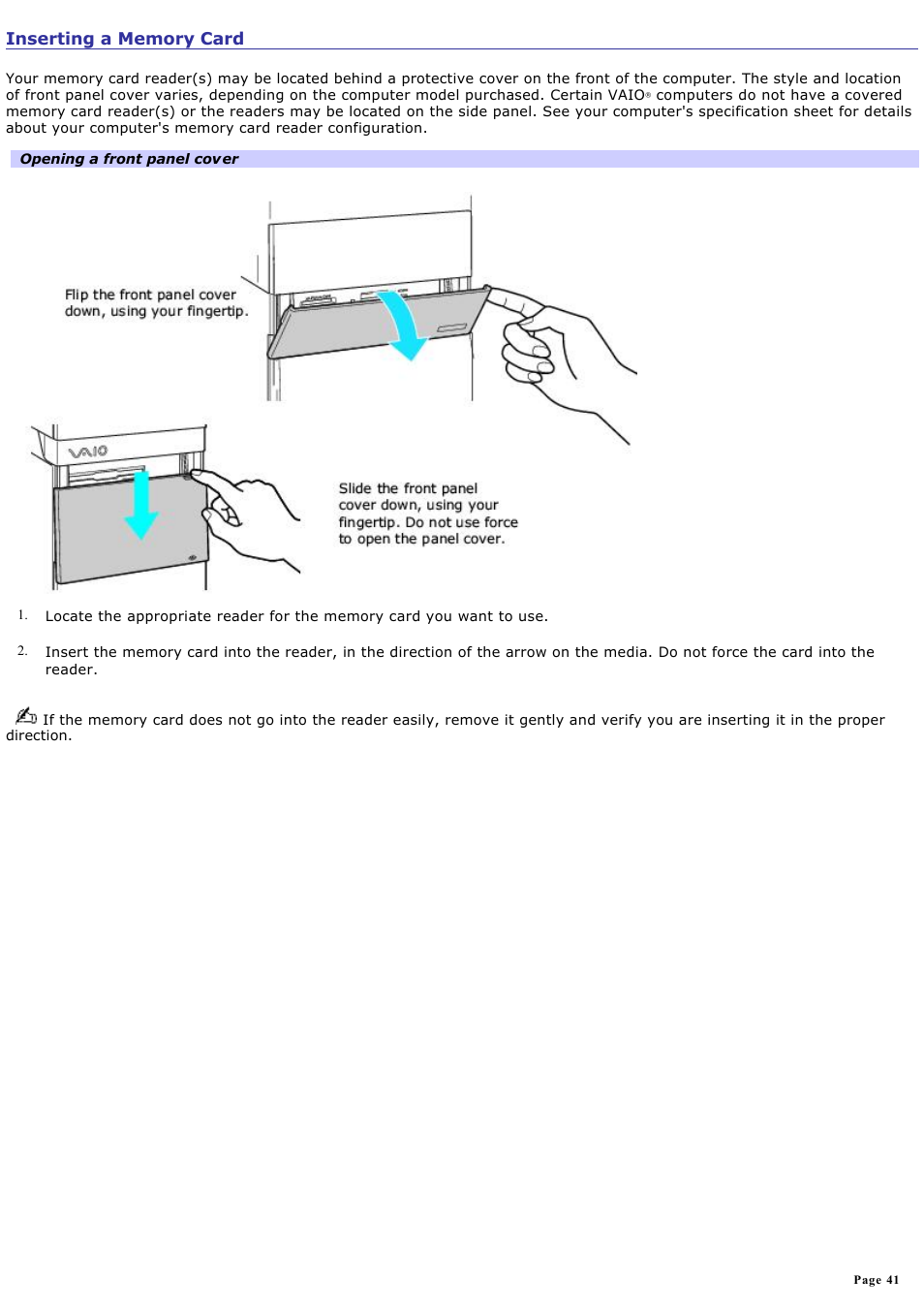 Inserting a memory card | Sony VAIO VGCRB40 User Manual | Page 41 / 243