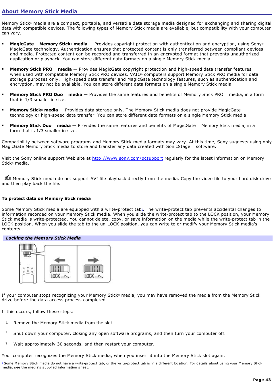 About memory stick media | Sony VAIO VGCRB40 User Manual | Page 43 / 243