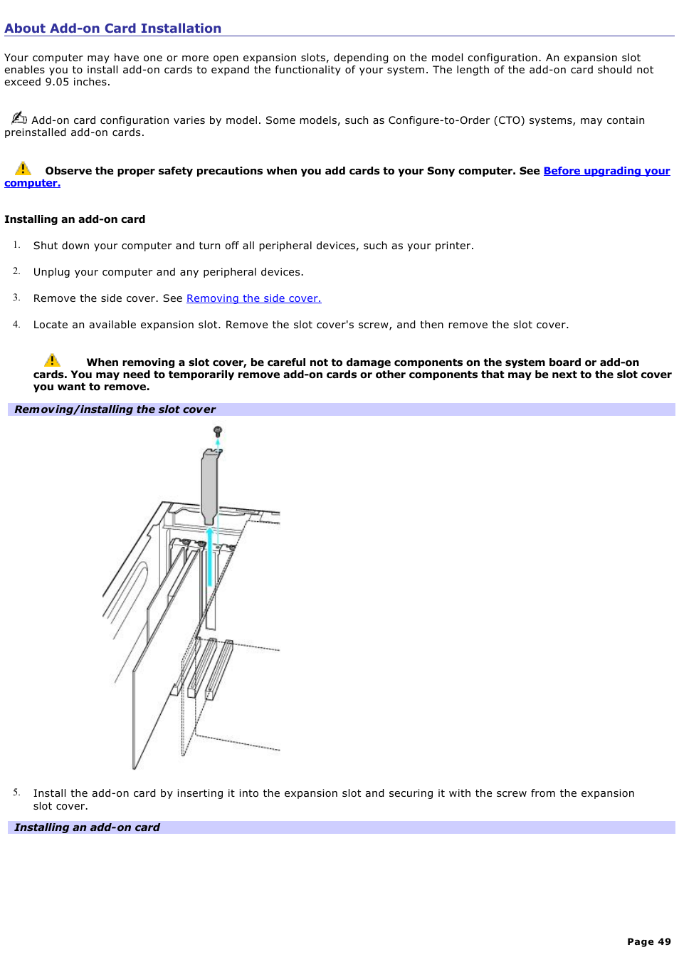 About add-on card installation | Sony VAIO VGCRB40 User Manual | Page 49 / 243