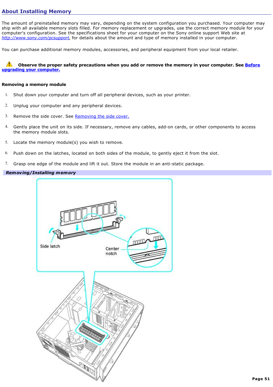 About installing memory | Sony VAIO VGCRB40 User Manual | Page 51 / 243