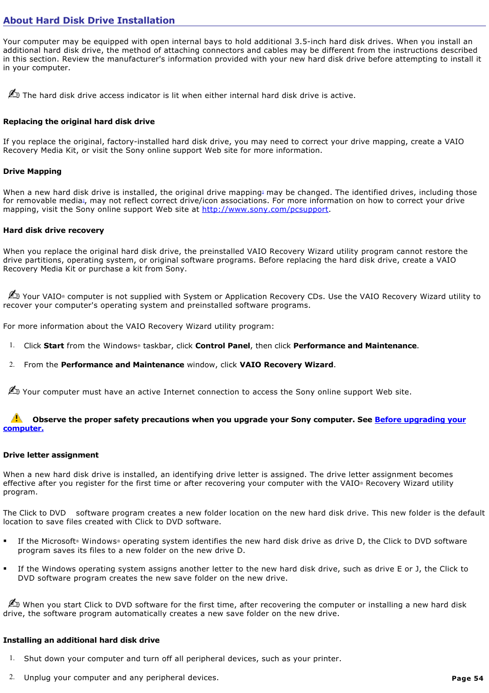 About hard disk drive installation | Sony VAIO VGCRB40 User Manual | Page 54 / 243