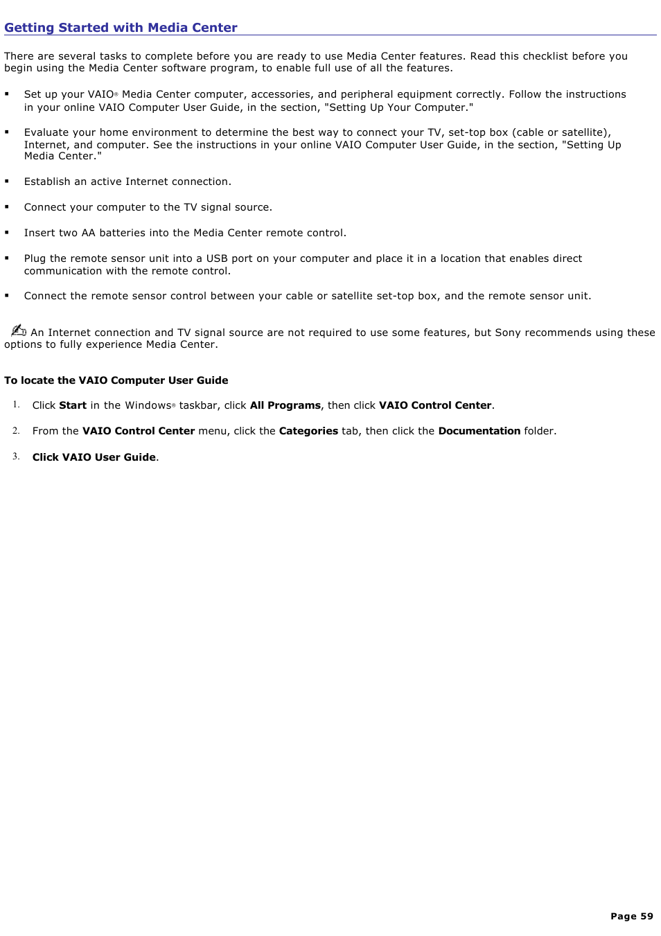 Getting started with media center | Sony VAIO VGCRB40 User Manual | Page 59 / 243