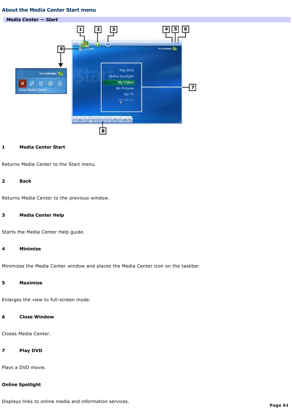 About the media center start menu | Sony VAIO VGCRB40 User Manual | Page 61 / 243