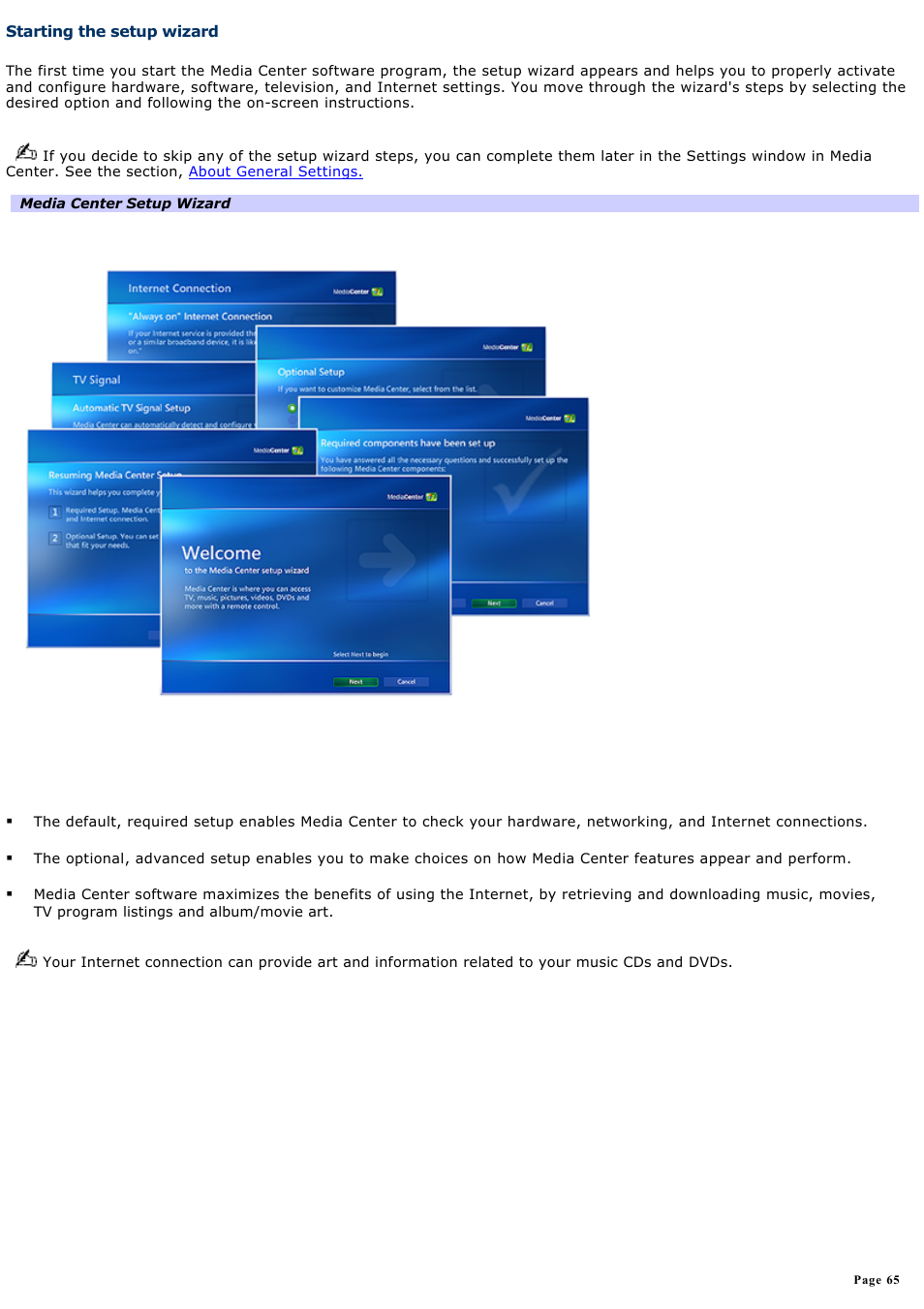 Starting the setup wizard | Sony VAIO VGCRB40 User Manual | Page 65 / 243