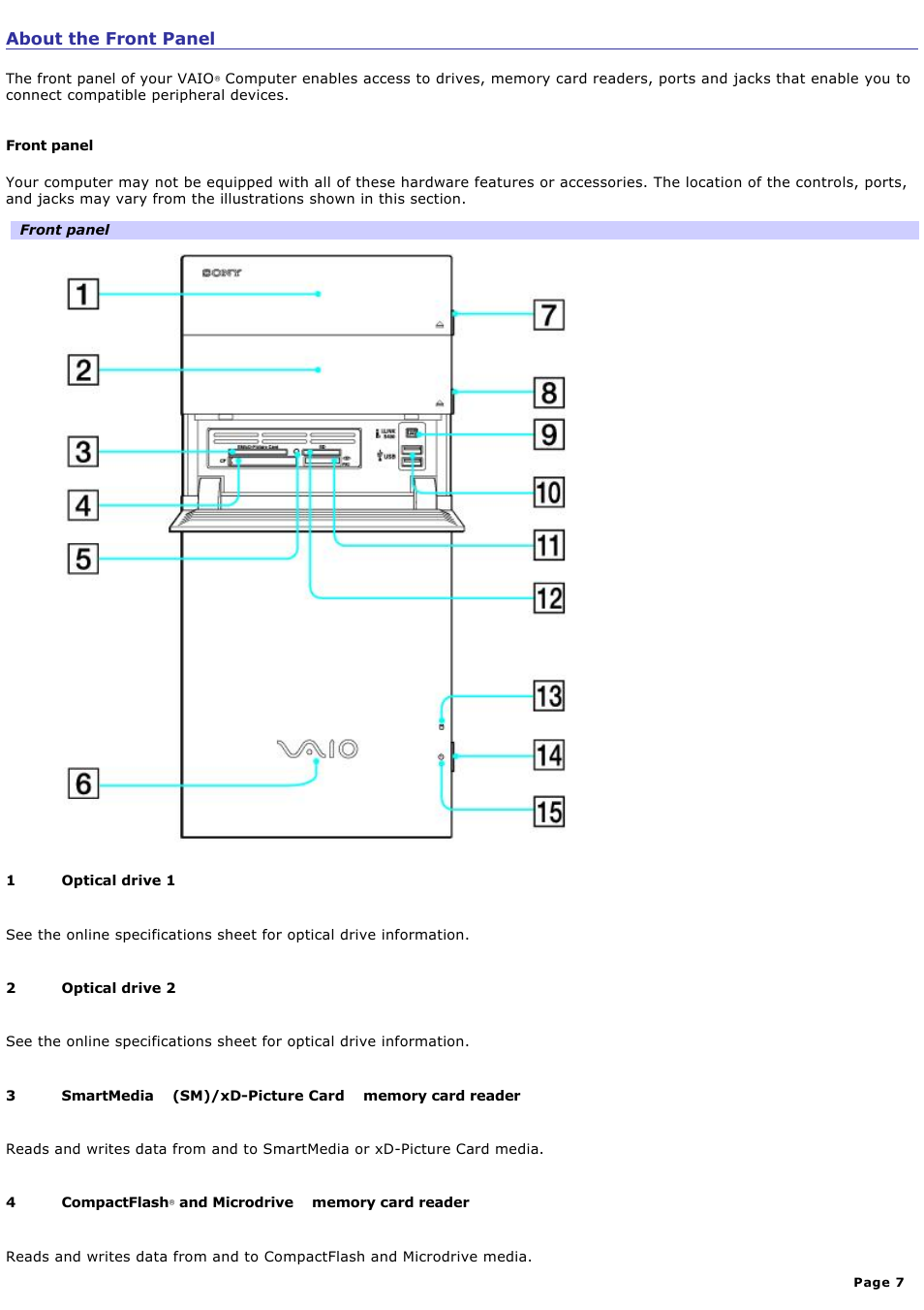 About the front panel | Sony VAIO VGCRB40 User Manual | Page 7 / 243