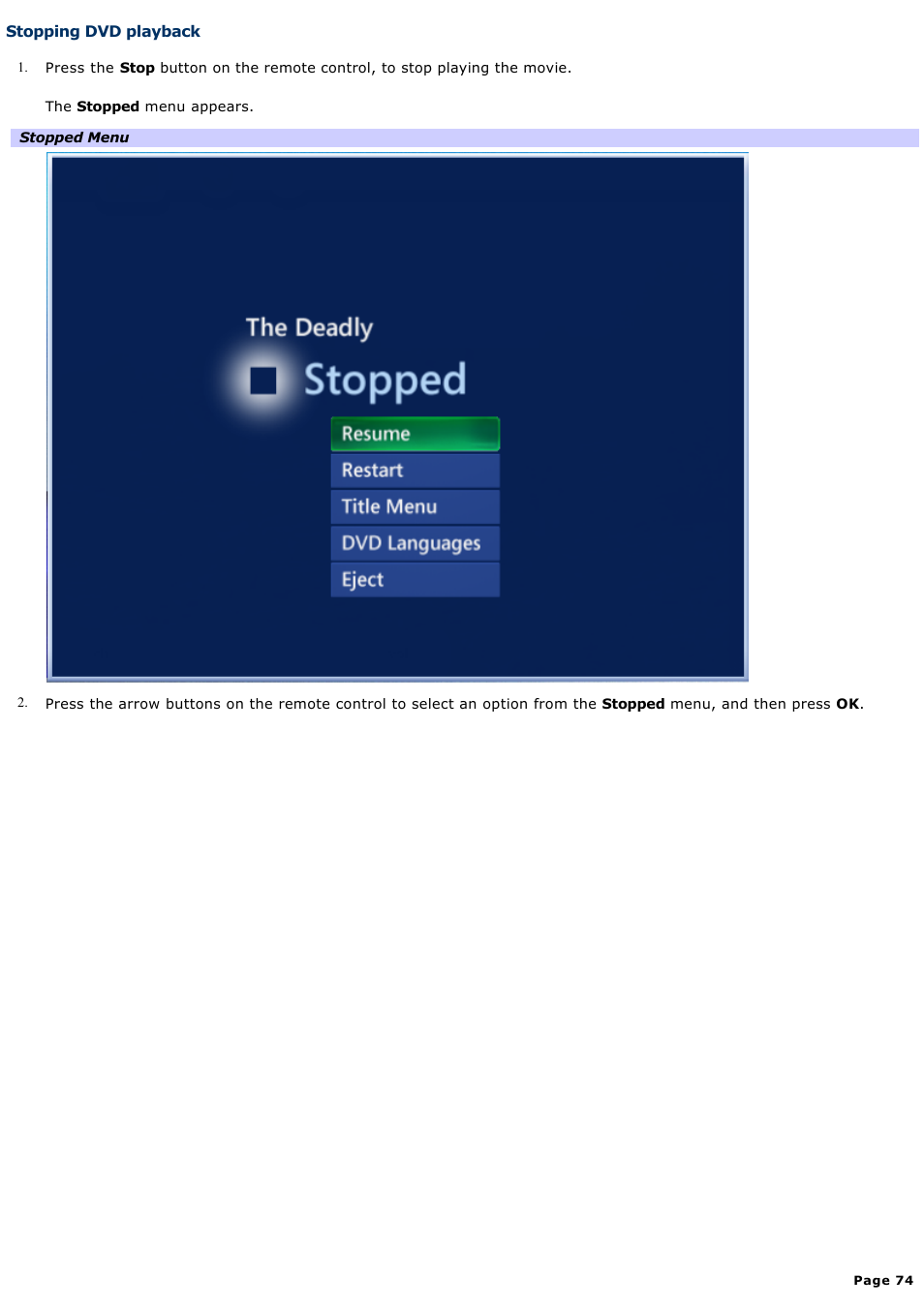 Stopping dvd playback | Sony VAIO VGCRB40 User Manual | Page 74 / 243