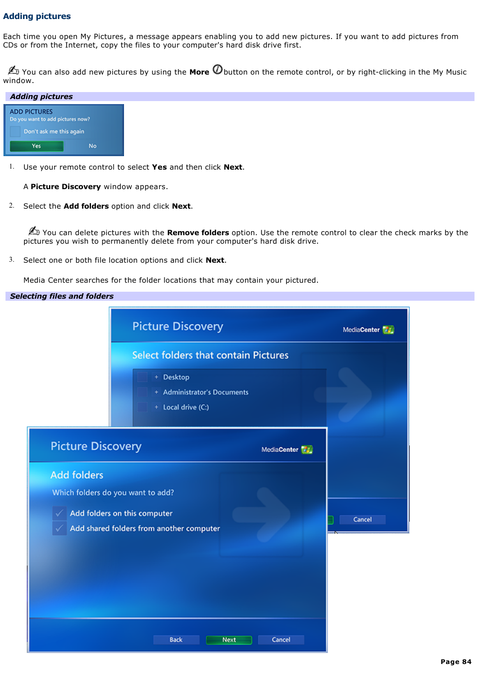 Adding pictures | Sony VAIO VGCRB40 User Manual | Page 84 / 243