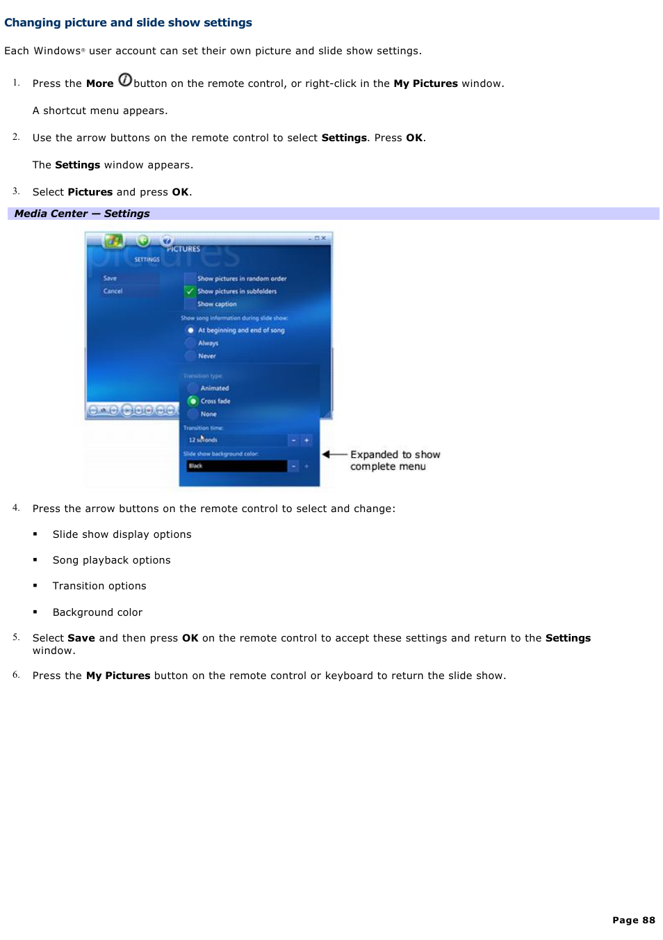 Changing picture and slide show settings | Sony VAIO VGCRB40 User Manual | Page 88 / 243