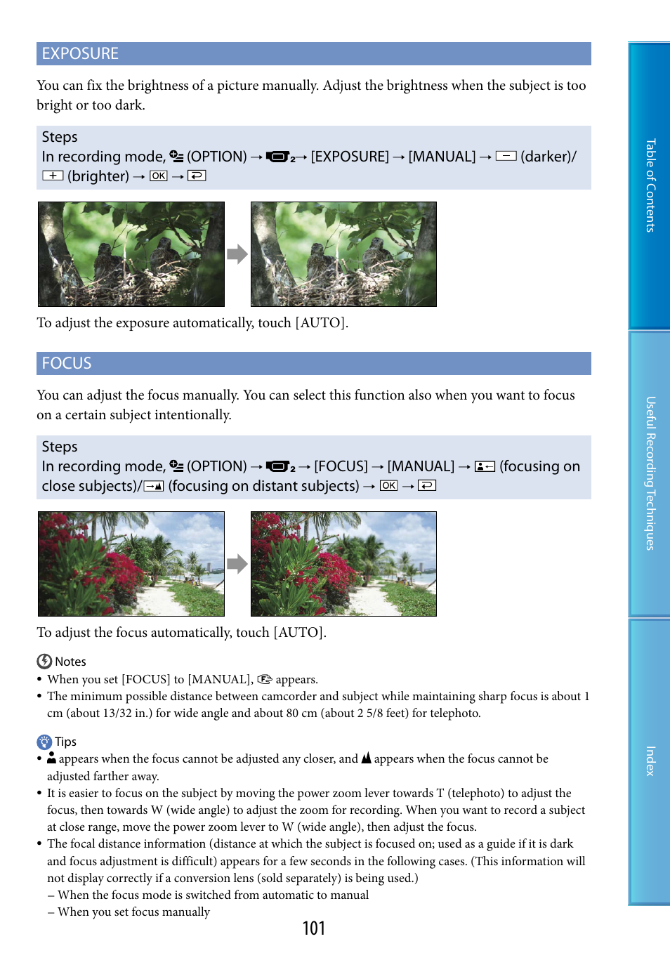 S (101), Exposure, Focus | Sony XR200VE User Manual | Page 101 / 134
