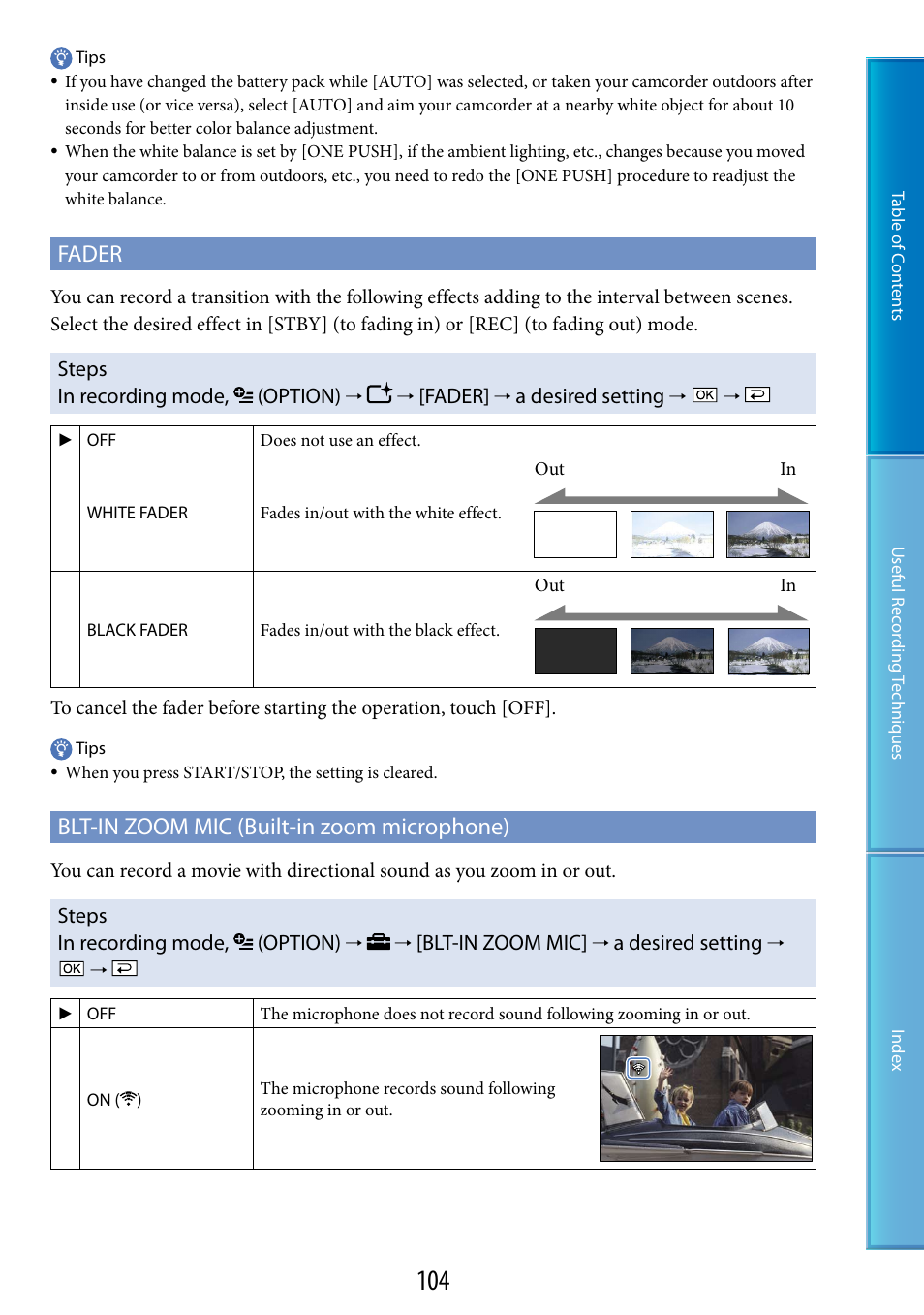 C (104), Er (104), Fader | Blt-in zoom mic (built-in zoom microphone), Steps in recording mode, (option), A desired setting, Blt-in zoom mic | Sony XR200VE User Manual | Page 104 / 134