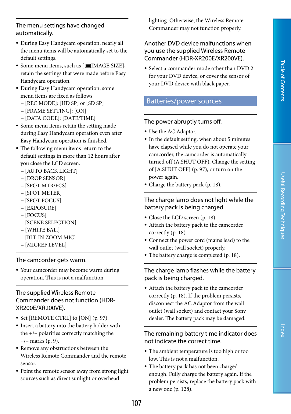 Batteries/power sources | Sony XR200VE User Manual | Page 107 / 134