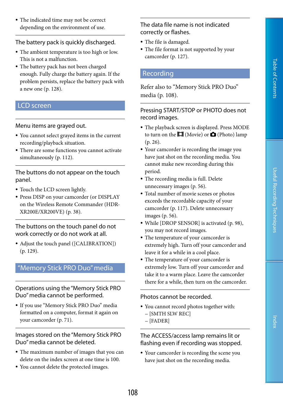 Lcd screen, Recording | Sony XR200VE User Manual | Page 108 / 134