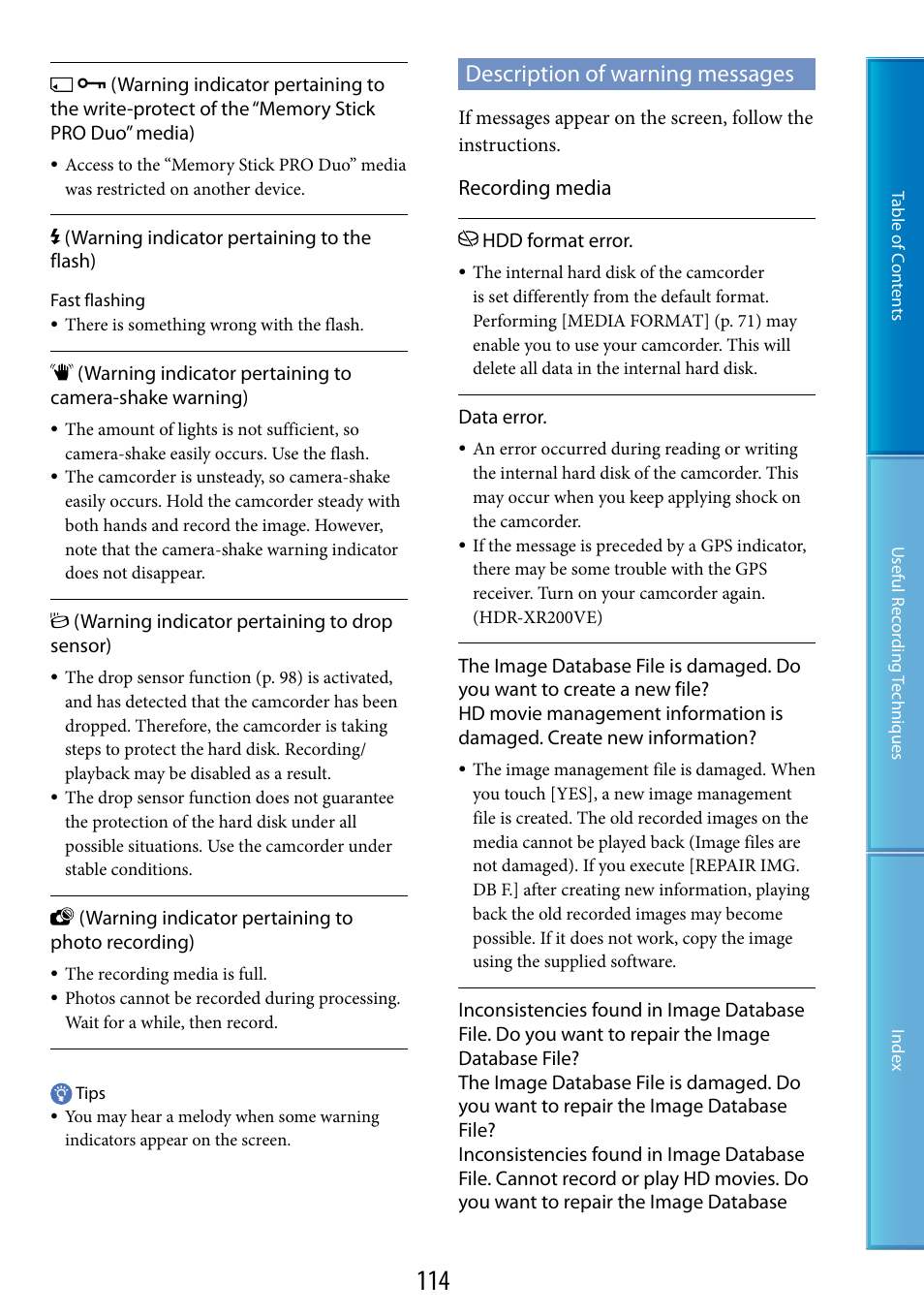 Description of warning messages, Recording media | Sony XR200VE User Manual | Page 114 / 134