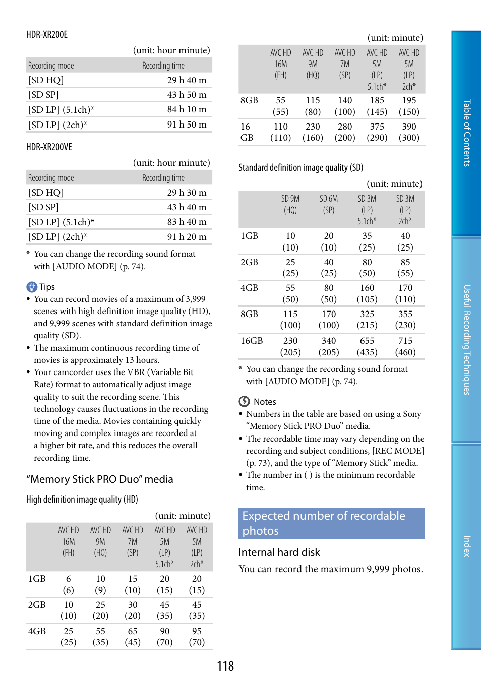 Expected number of recordable photos, E 118 o | Sony XR200VE User Manual | Page 118 / 134