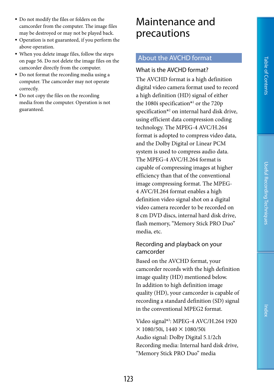 Maintenance and precautions, About the avchd format | Sony XR200VE User Manual | Page 123 / 134