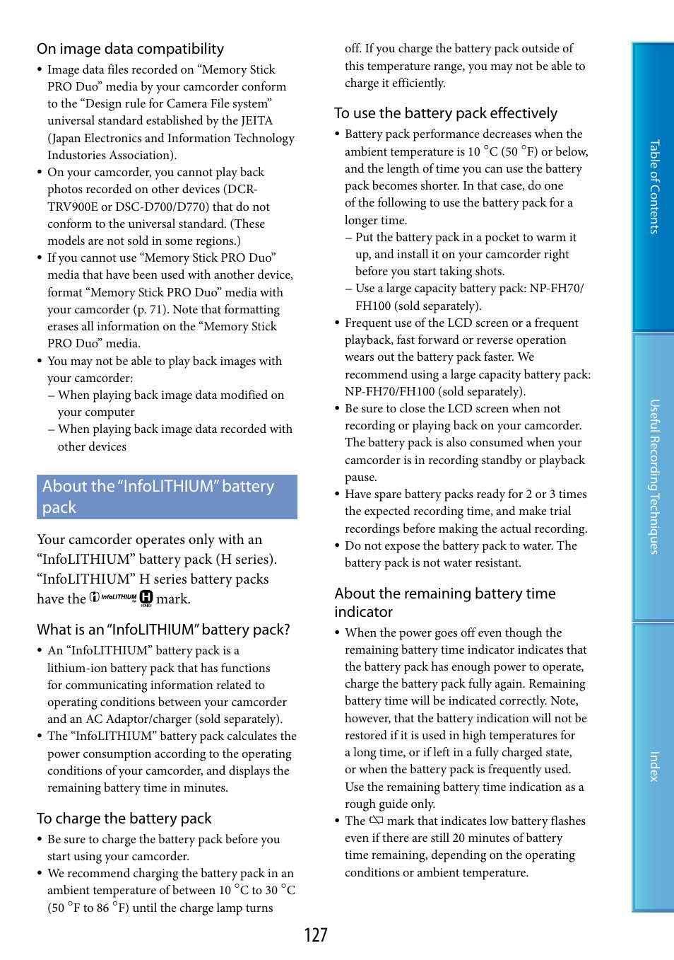 About the “infolithium” battery pack, On image data compatibility, What is an “infolithium” battery pack | About the remaining battery time indicator | Sony XR200VE User Manual | Page 127 / 134