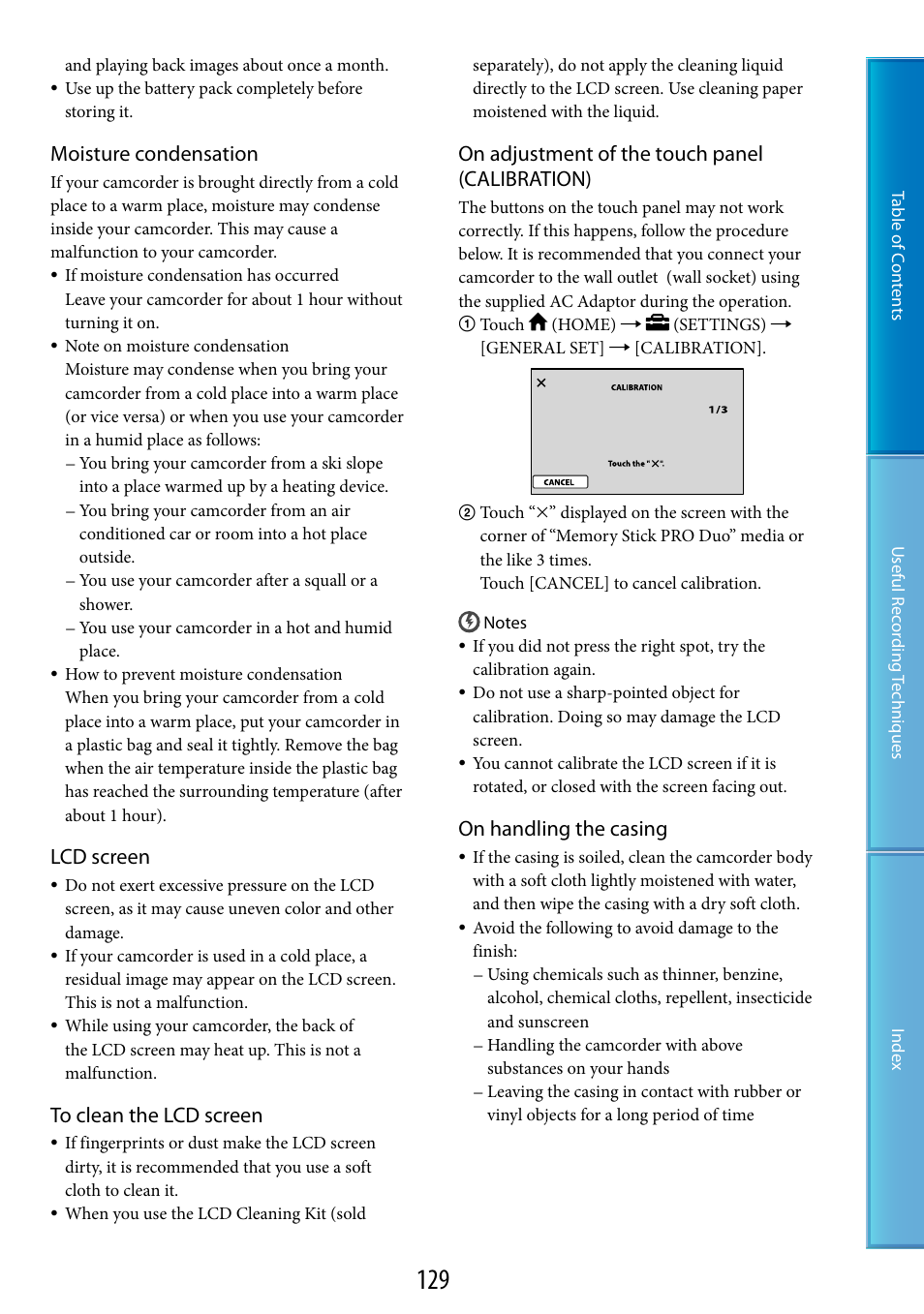 Moisture condensation, Lcd screen, On adjustment of the touch panel (calibration) | On handling the casing | Sony XR200VE User Manual | Page 129 / 134