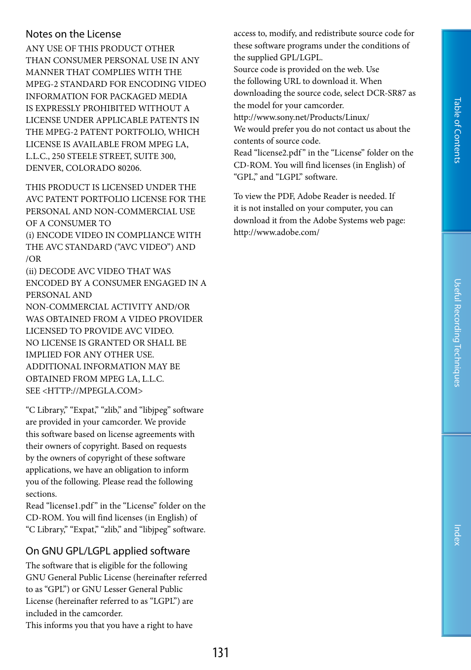 On gnu gpl/lgpl applied software | Sony XR200VE User Manual | Page 131 / 134