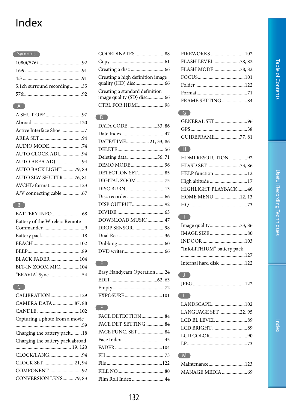 Index | Sony XR200VE User Manual | Page 132 / 134
