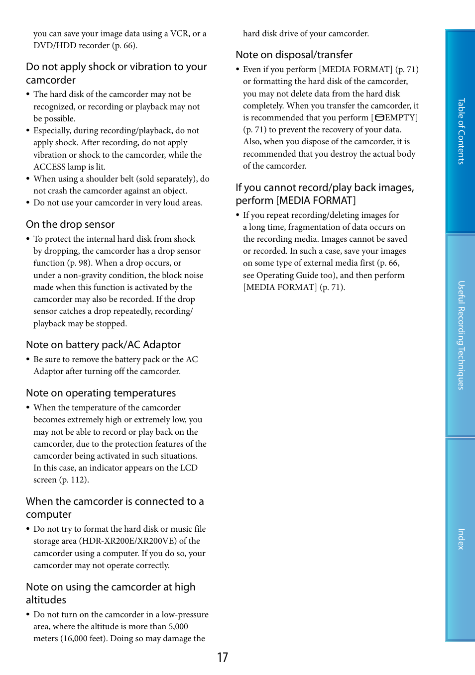Do not apply shock or vibration to your camcorder, On the drop sensor, When the camcorder is connected to a computer | Sony XR200VE User Manual | Page 17 / 134
