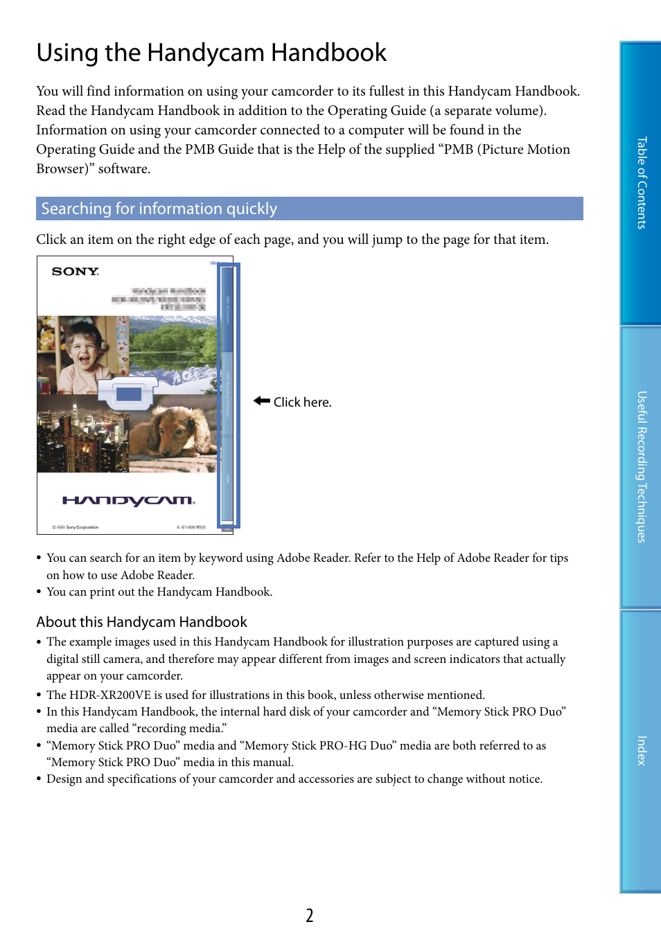 Using the handycam handbook, Searching for information quickly, About this handycam handbook | Sony XR200VE User Manual | Page 2 / 134