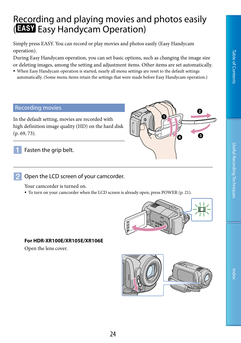 Recording movies, Recording and playing movies and photos easily, Easy handycam operation) | Ch (24, 31), Ip belt (24, 31) | Sony XR200VE User Manual | Page 24 / 134