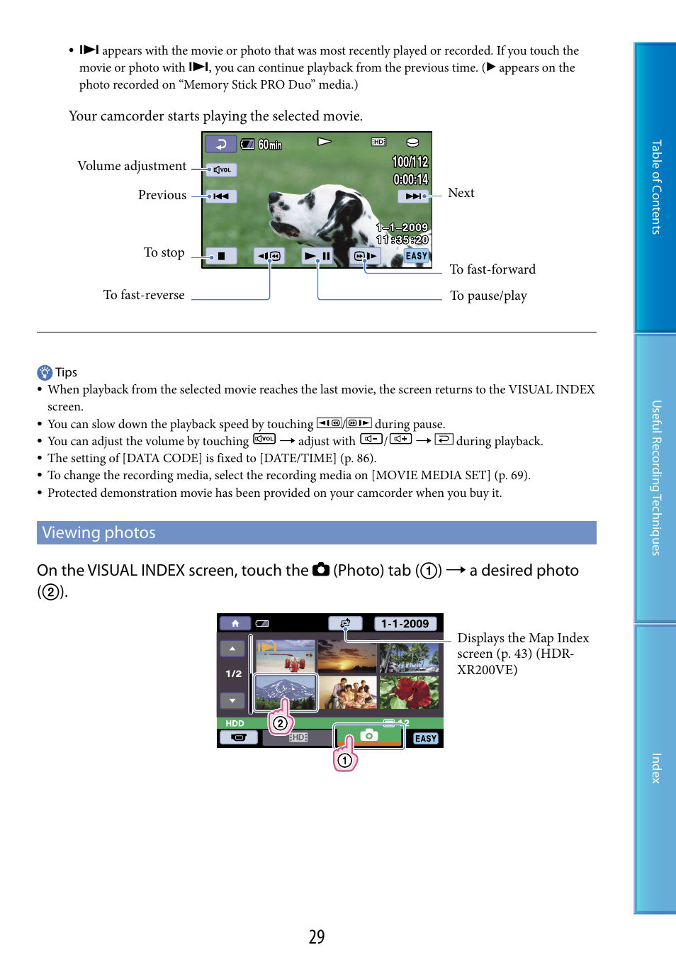 Viewing photos, Ons (29, 42), Ons (29, 30 | On (29, 41), E (29, 42) | Sony XR200VE User Manual | Page 29 / 134