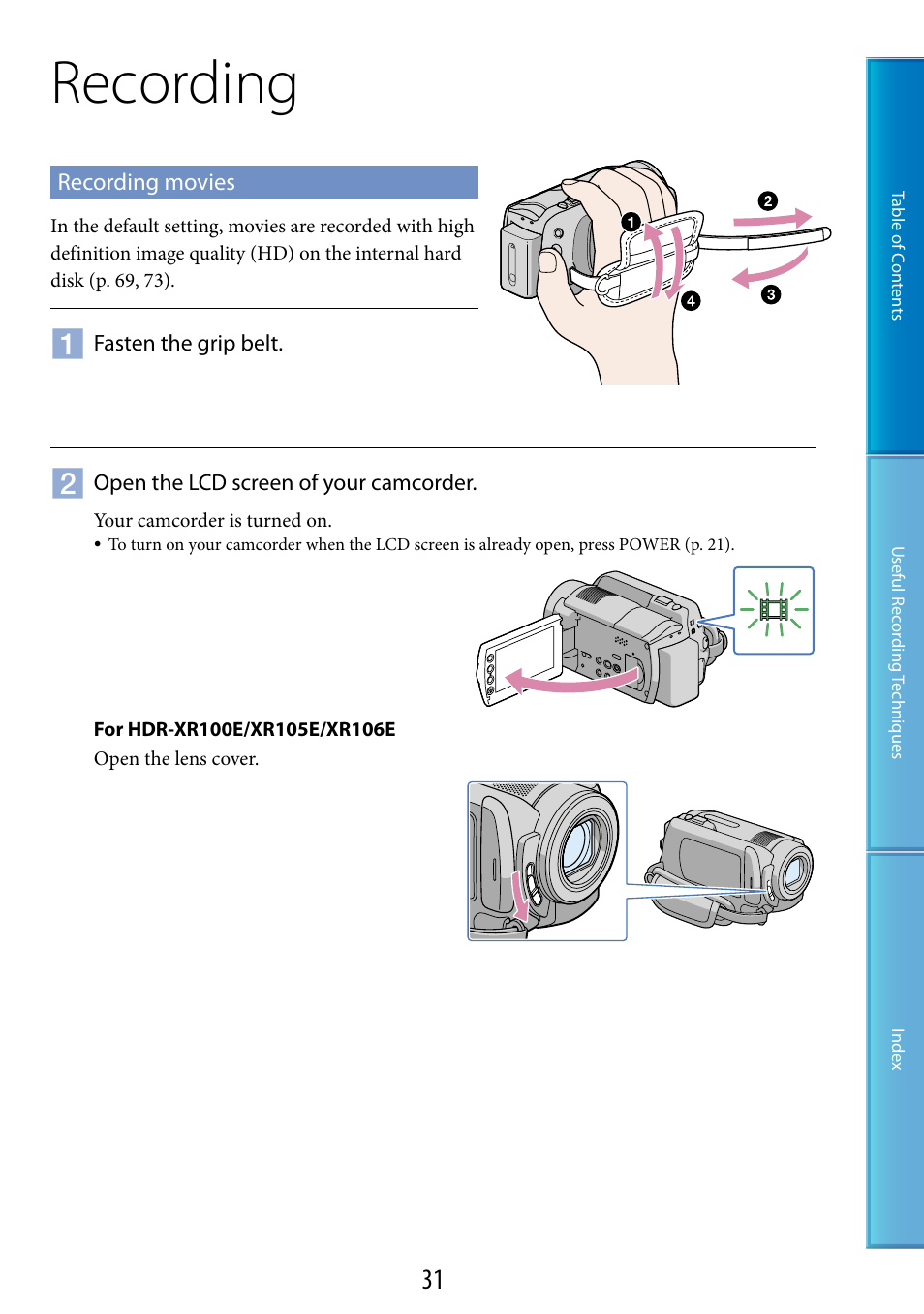 Recording, Recording movies | Sony XR200VE User Manual | Page 31 / 134