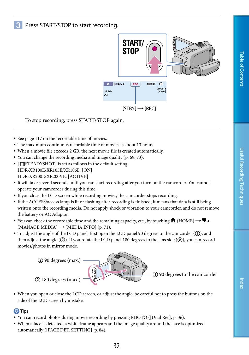 Press start/stop to start recording | Sony XR200VE User Manual | Page 32 / 134