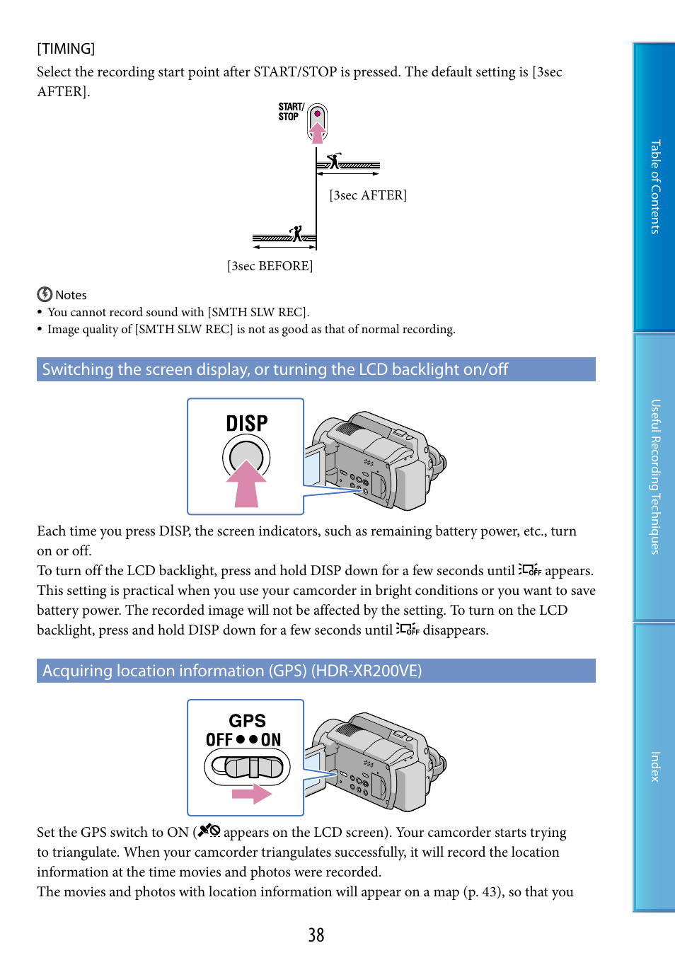 Acquiring location information (gps) (hdr-xr200ve), Xr200ve) (38), On (38) | S (38), F (38) | Sony XR200VE User Manual | Page 38 / 134