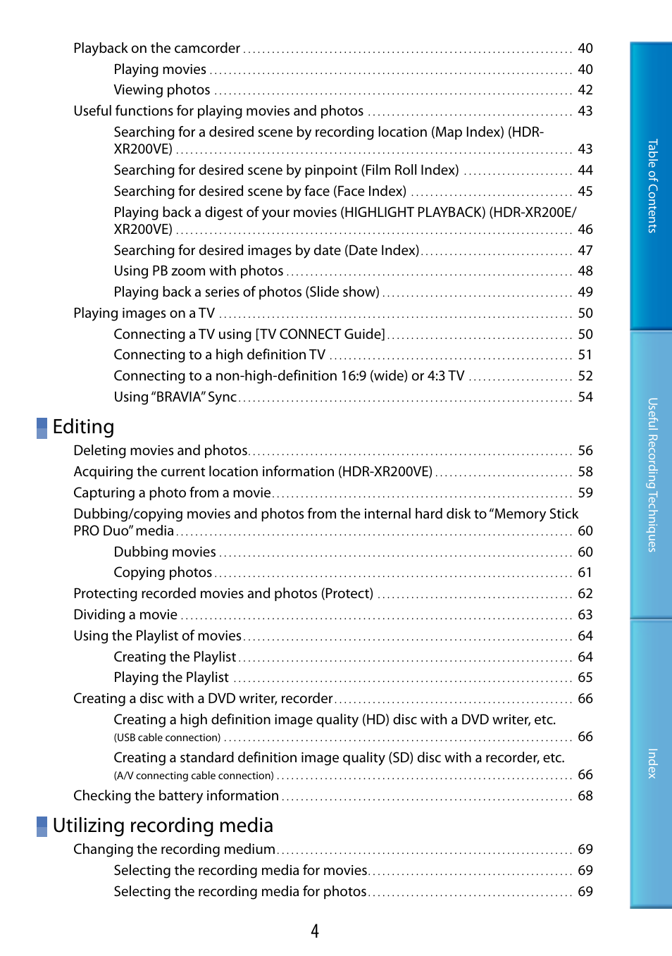 Editing, Utilizing recording media | Sony XR200VE User Manual | Page 4 / 134