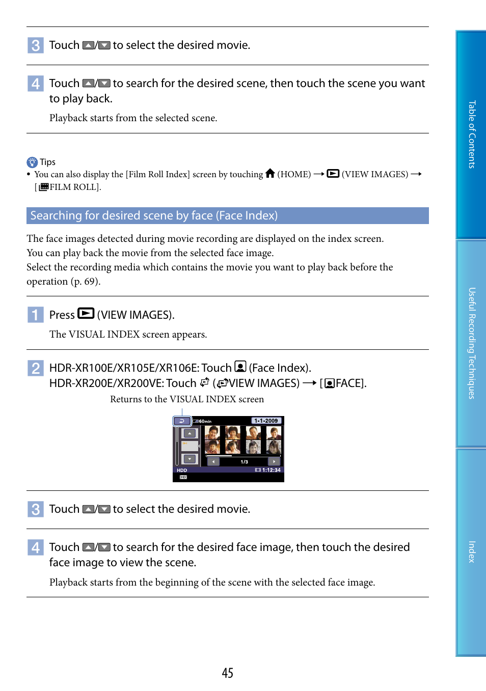 Searching for desired scene by face (face index) | Sony XR200VE User Manual | Page 45 / 134