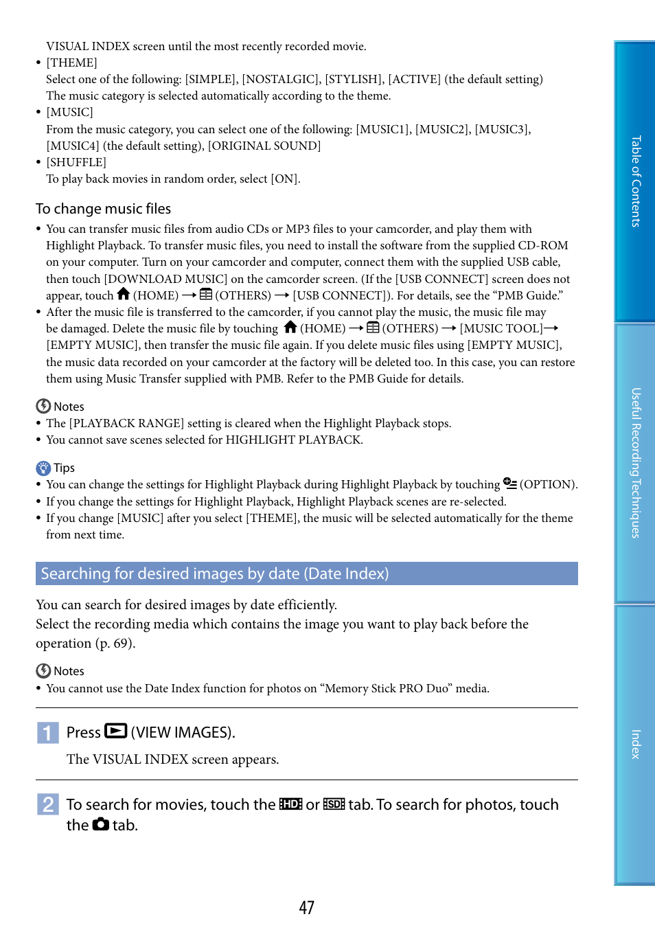 Searching for desired images by date (date index), Press (view images) | Sony XR200VE User Manual | Page 47 / 134