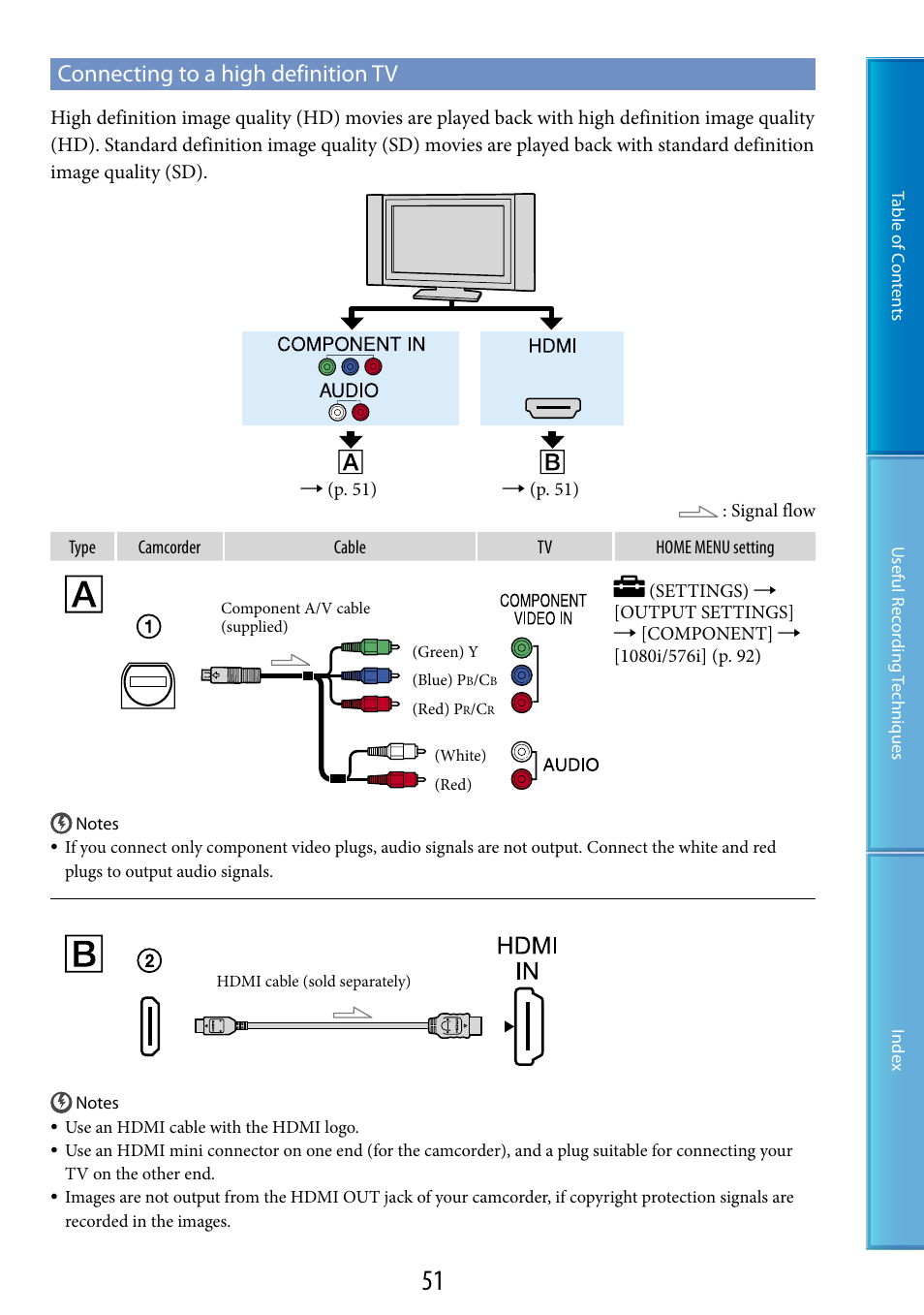 Connecting to a high definition tv | Sony XR200VE User Manual | Page 51 / 134
