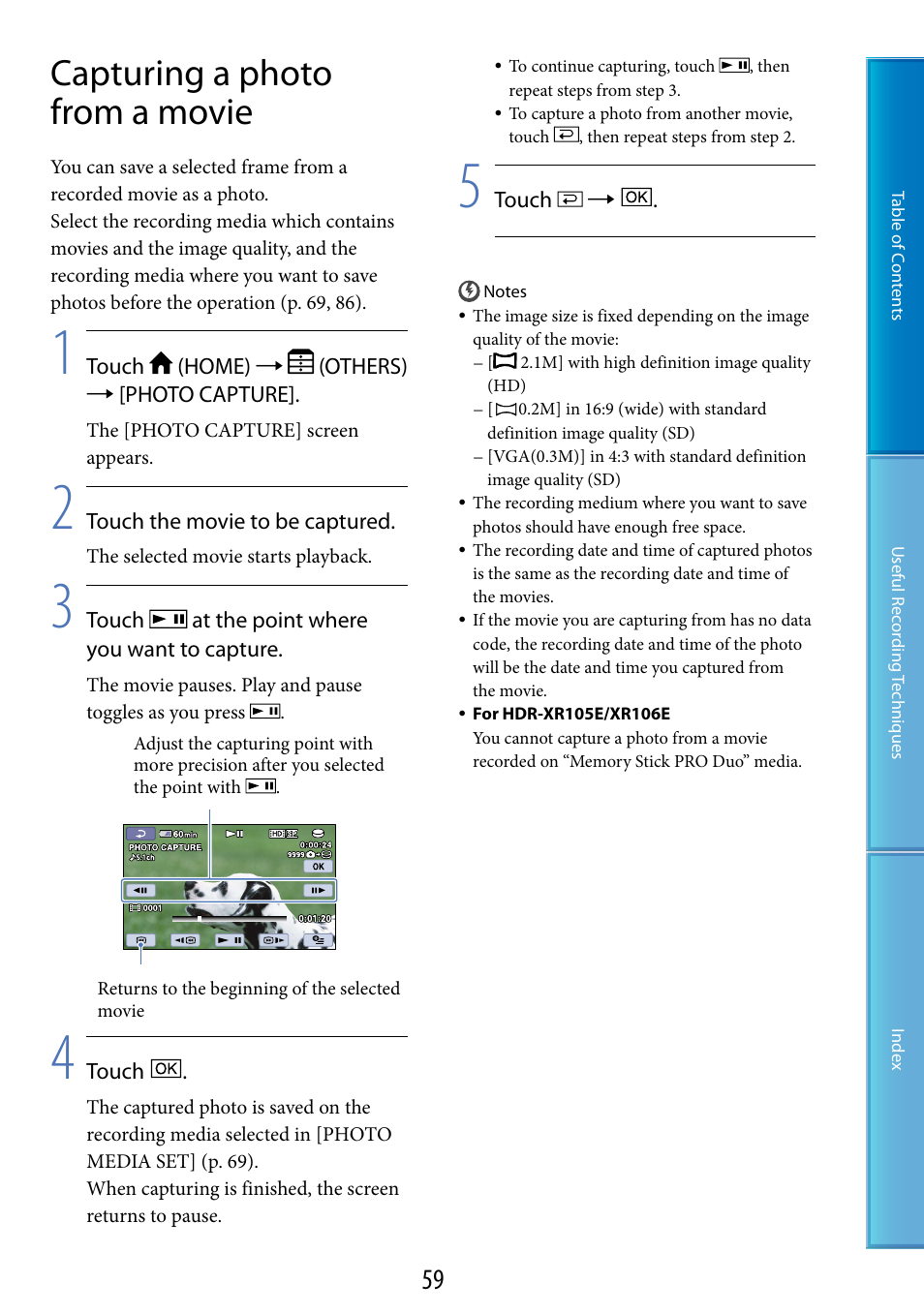 Capturing a photo from a movie | Sony XR200VE User Manual | Page 59 / 134